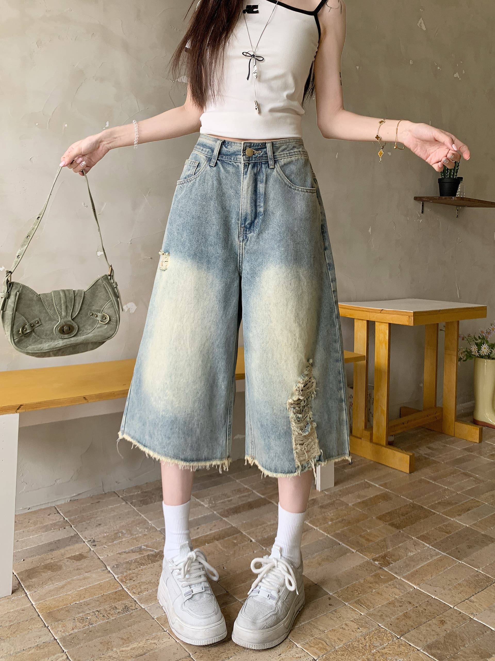 찢어진 부분 스트레이트 데님 7 점 baggy 바람 디자인 센스 워싱 마 오래된 루즈핏 넓은 다리 바지 상세 이미지 16