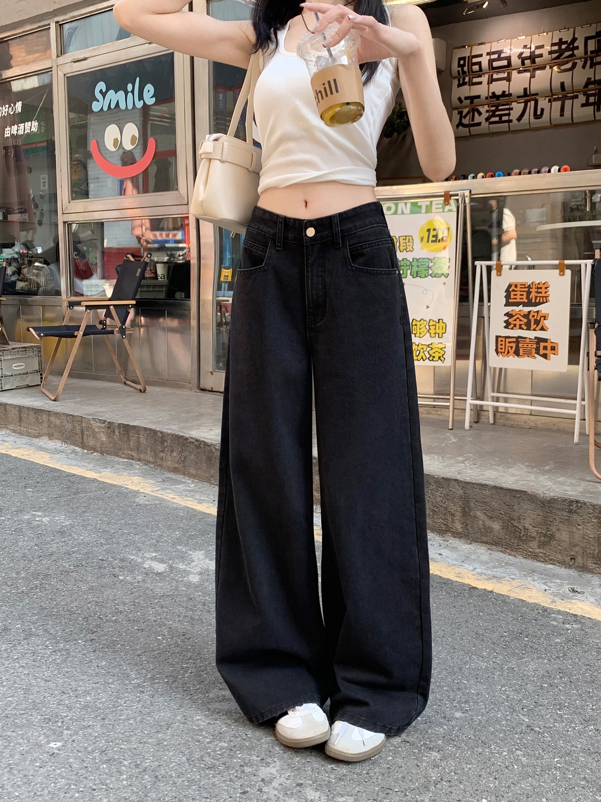 검정색 레트로 항구 바람 루즈핏 넓은 다리 청바지 여성 미니멀리즘 루즈핏 스트레이트 캐주얼 바지 이미지 5