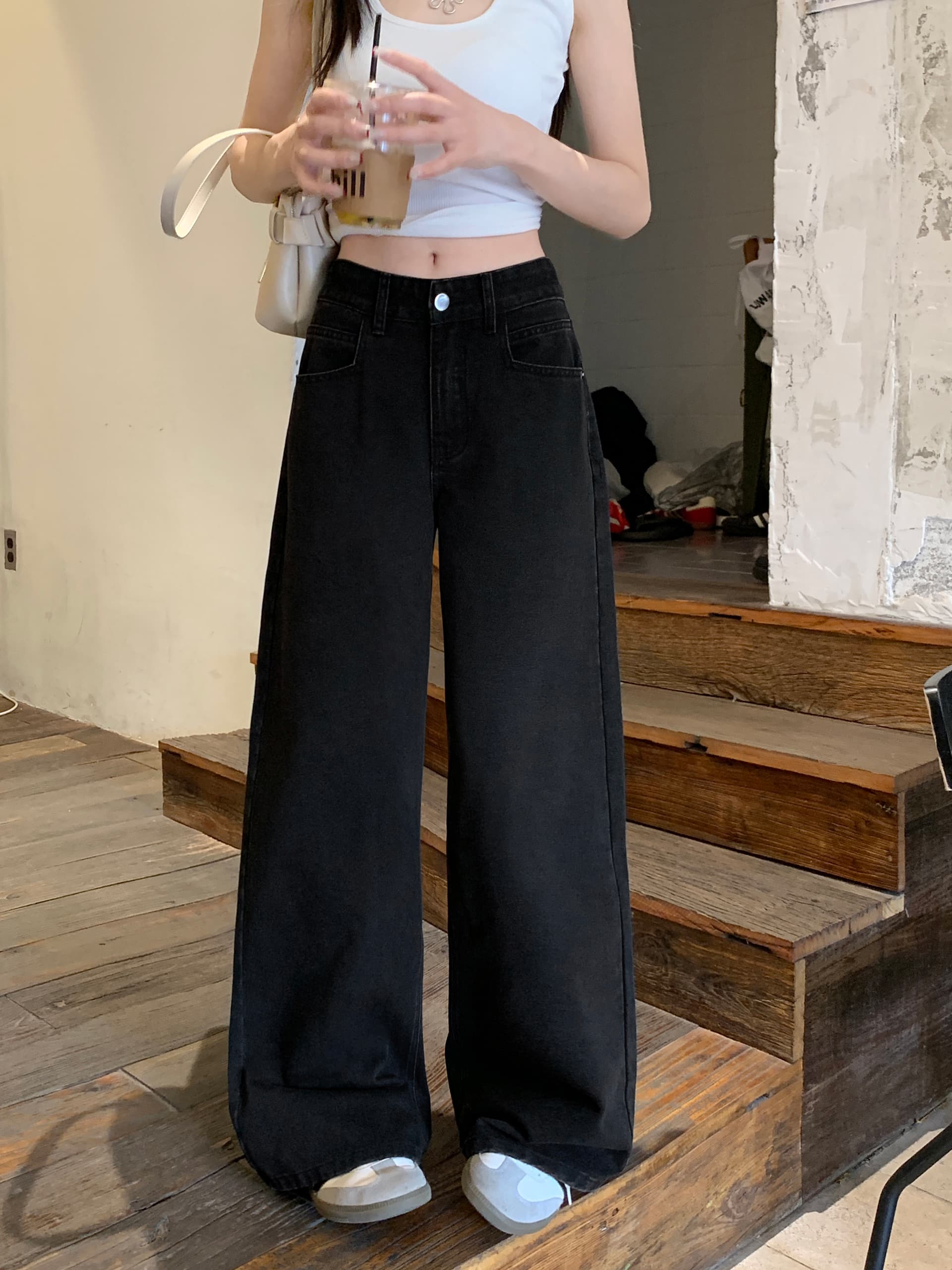 검정색 레트로 항구 바람 루즈핏 넓은 다리 청바지 여성 미니멀리즘 루즈핏 스트레이트 캐주얼 바지 상세 이미지 8