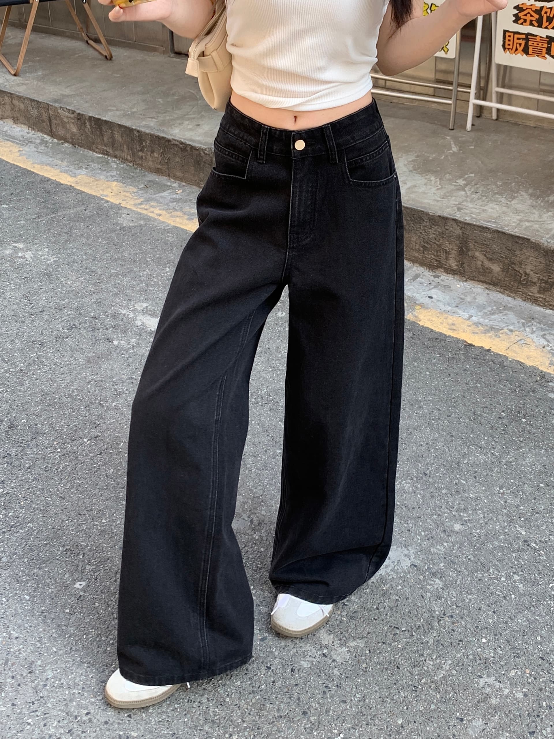 검정색 레트로 항구 바람 루즈핏 넓은 다리 청바지 여성 미니멀리즘 루즈핏 스트레이트 캐주얼 바지 상세 이미지 14