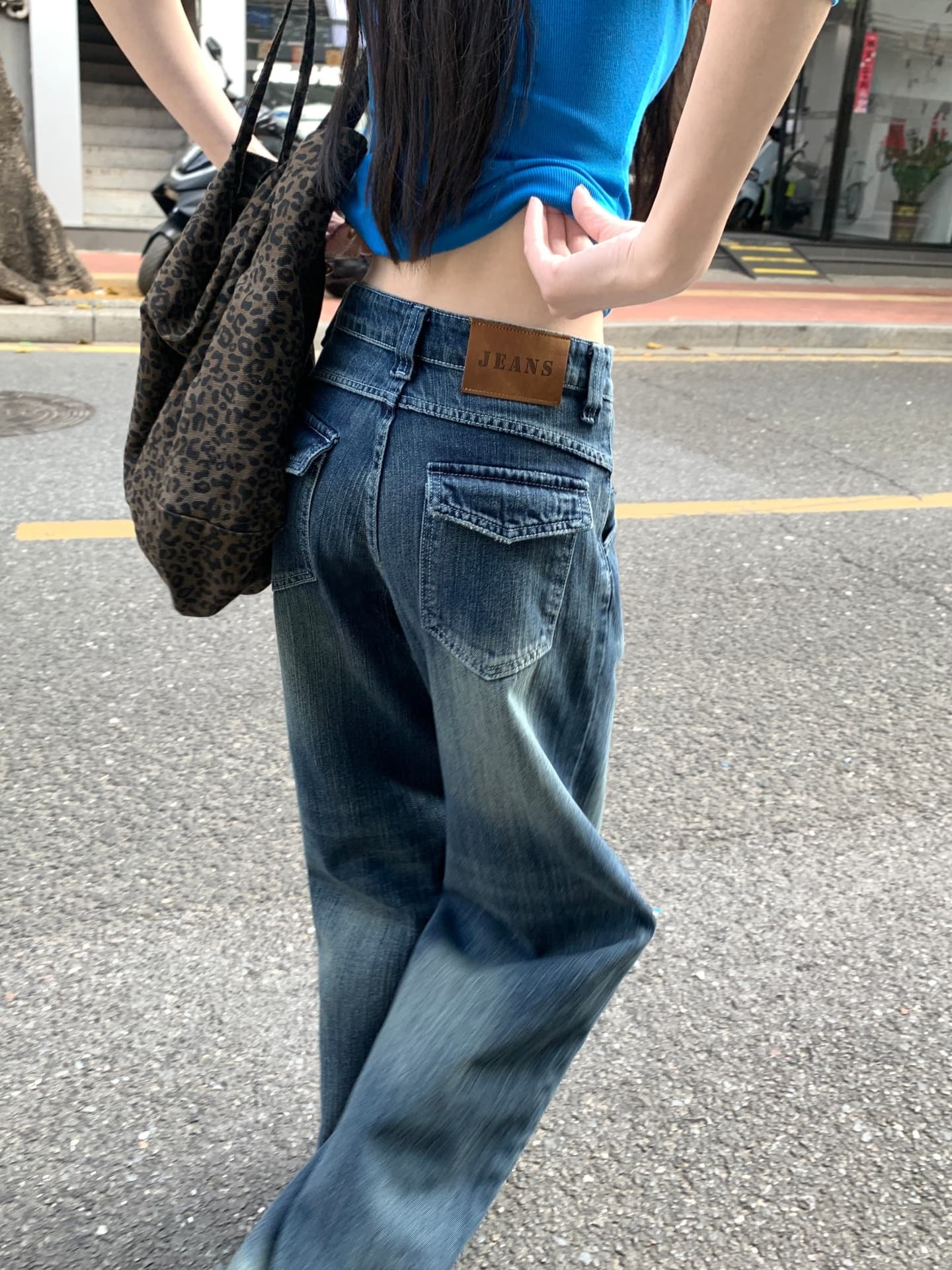 아메리칸 레트로 블루 마 오래된 스트레이트 데님 루즈핏 슬림해 보이는 디자인 센스 와이드 레그 팬츠