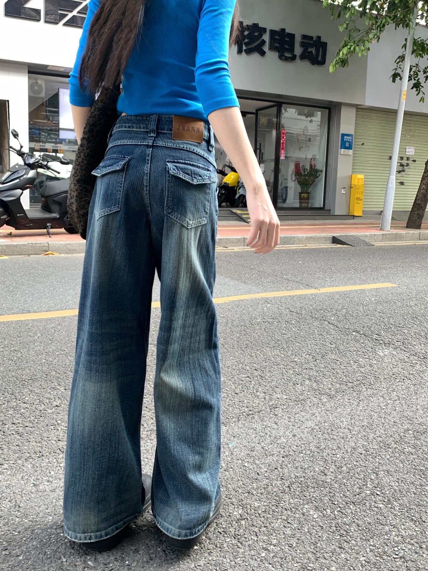 아메리칸 레트로 블루 마 오래된 스트레이트 데님 루즈핏 슬림해 보이는 디자인 센스 와이드 레그 팬츠 이미지 4