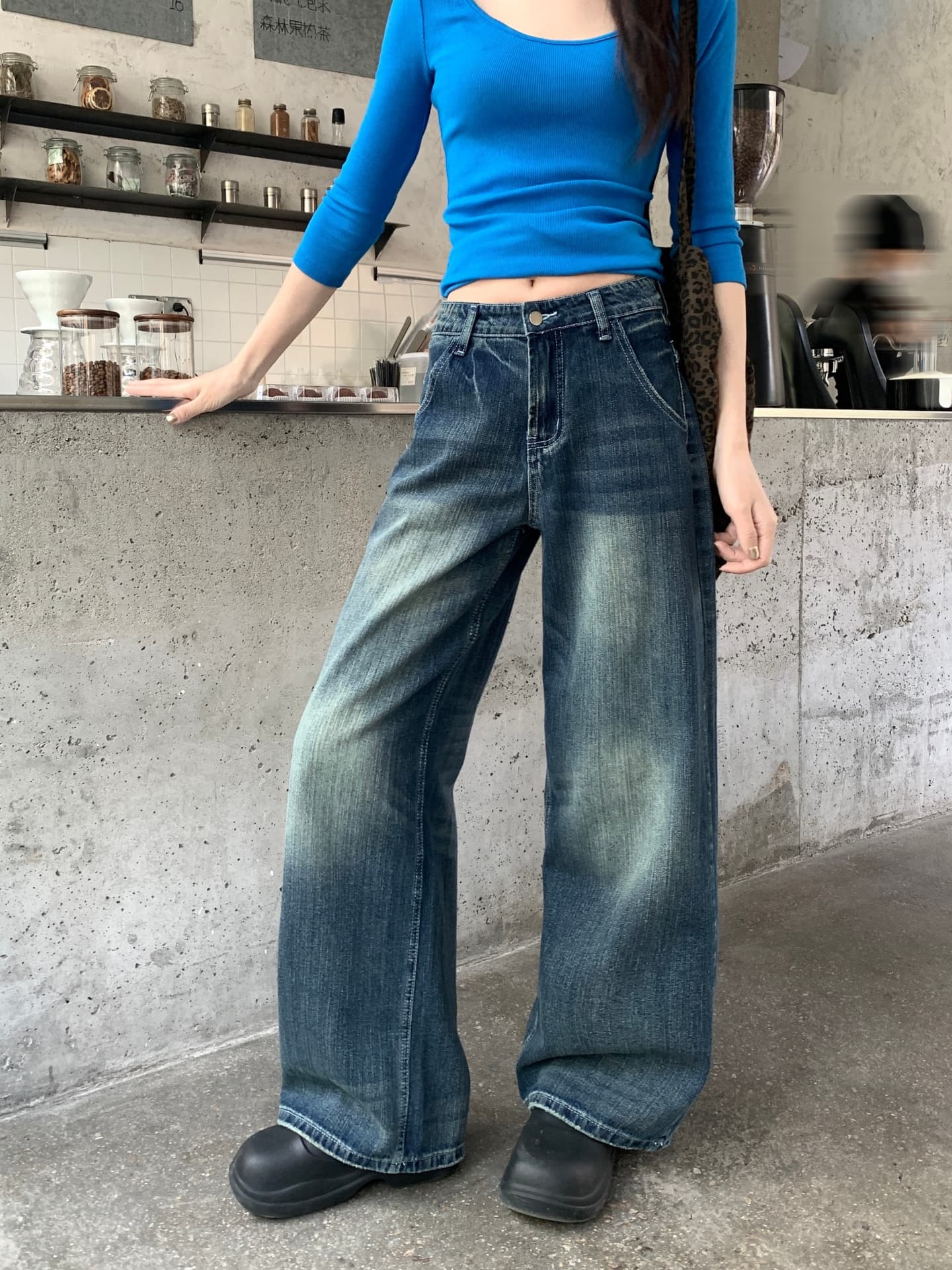 아메리칸 레트로 블루 마 오래된 스트레이트 데님 루즈핏 슬림해 보이는 디자인 센스 와이드 레그 팬츠 상세 이미지 8
