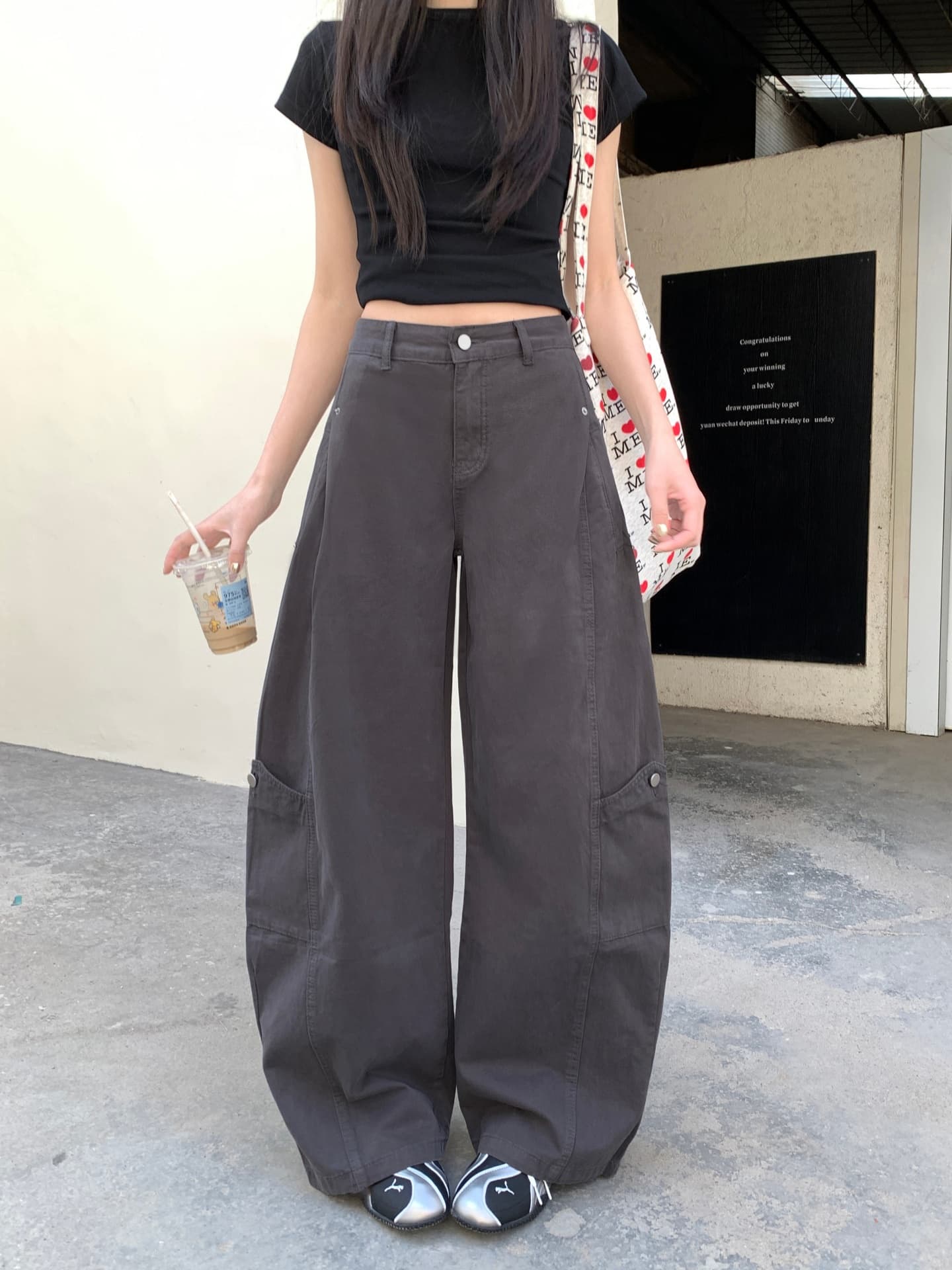 아메리칸 하이웨이스트 워크웨어 캐주얼 루즈핏 스트레이트 넓은 다리 모통이 칼 바지 상세 이미지 12