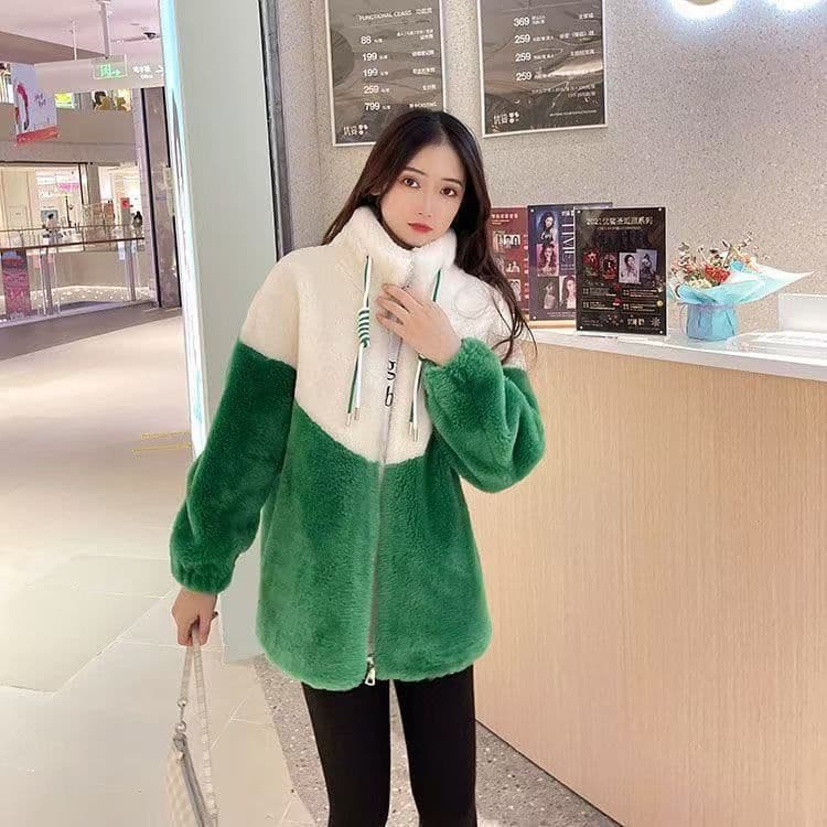 우유 표지 두 배 싸움 색상 새로운 양털 여성 코트 피모 하나 영 섹션 재킷 야구 유니폼 겨울 이미지 2
