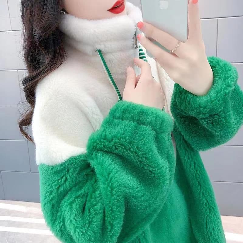 우유 표지 두 배 싸움 색상 새로운 양털 여성 코트 피모 하나 영 섹션 재킷 야구 유니폼 겨울 상세 이미지 2