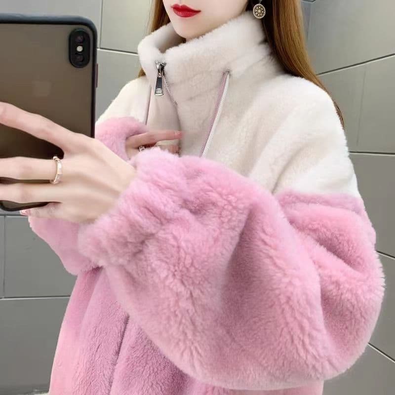 우유 표지 두 배 싸움 색상 새로운 양털 여성 코트 피모 하나 영 섹션 재킷 야구 유니폼 겨울 상세 이미지 3