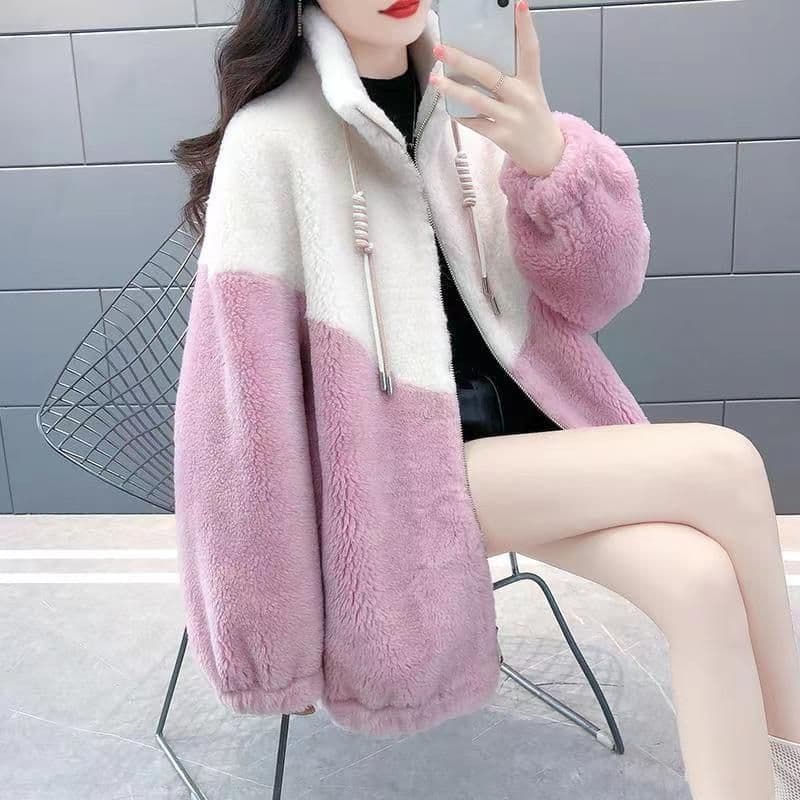 우유 표지 두 배 싸움 색상 새로운 양털 여성 코트 피모 하나 영 섹션 재킷 야구 유니폼 겨울 상세 이미지 4