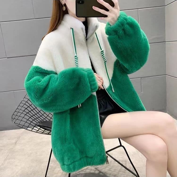 우유 표지 두 배 싸움 색상 새로운 양털 여성 코트 피모 하나 영 섹션 재킷 야구 유니폼 겨울 상세 이미지 5