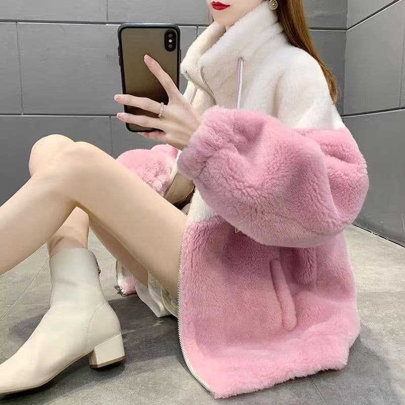 우유 표지 두 배 싸움 색상 새로운 양털 여성 코트 피모 하나 영 섹션 재킷 야구 유니폼 겨울 상세 이미지 7