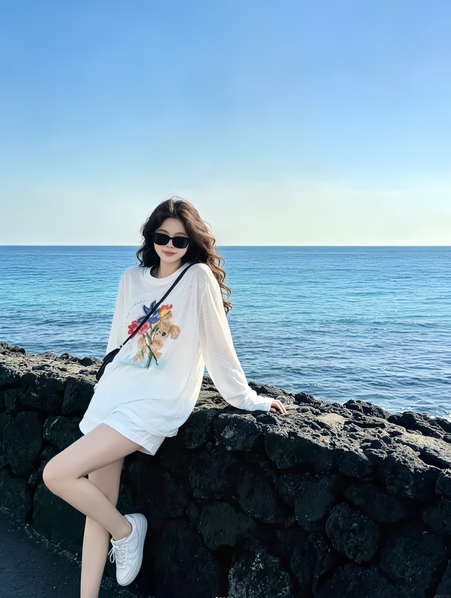 수채화 물감 작은 곰 프린트 화이트 긴팔 t 셔츠 여성 여름 루즈핏 얇은 스타일 통기성 자외선 차단 느긋한 블라우스 맨위 상세 이미지 2