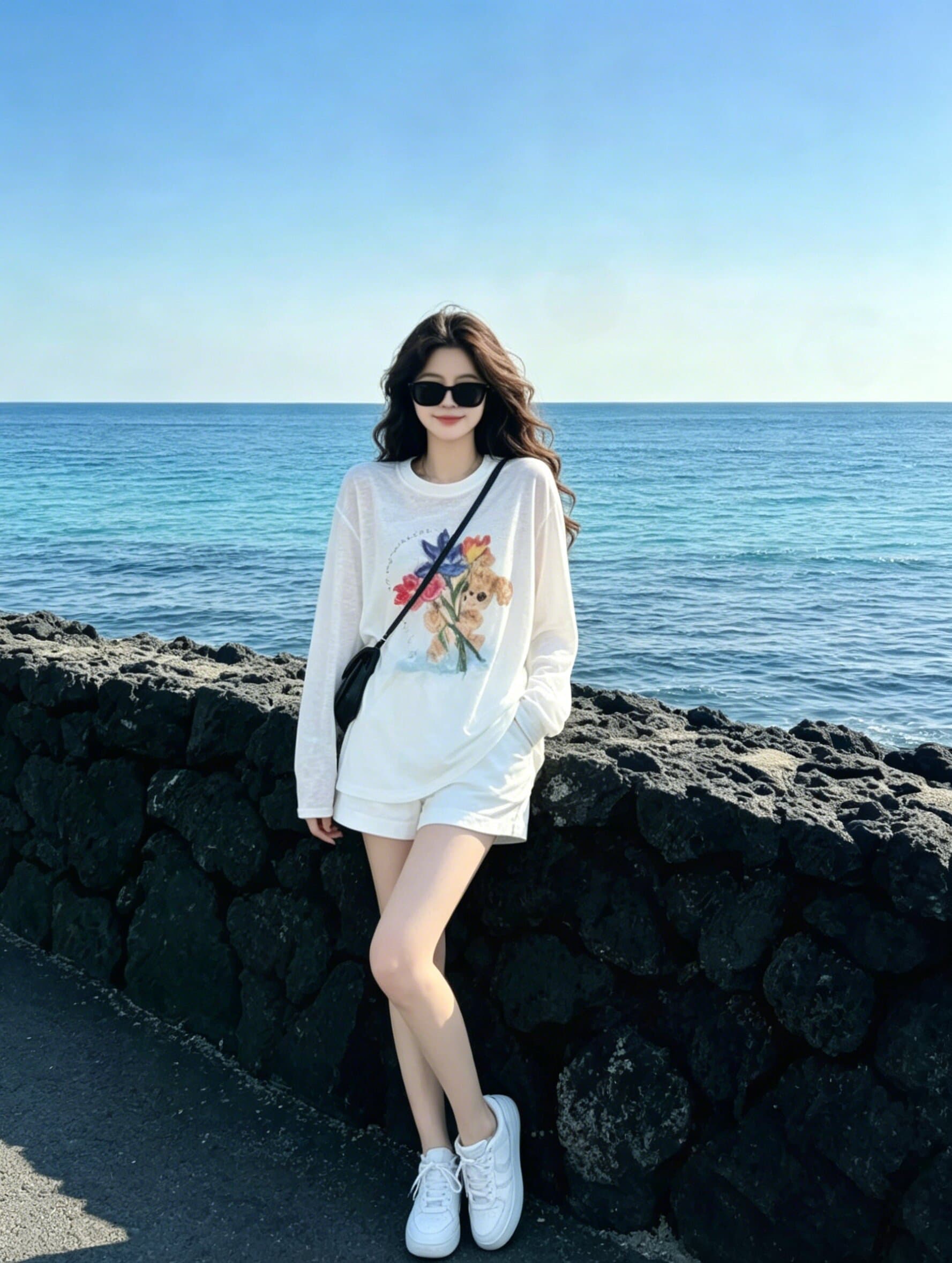 수채화 물감 작은 곰 프린트 화이트 긴팔 t 셔츠 여성 여름 루즈핏 얇은 스타일 통기성 자외선 차단 느긋한 블라우스 맨위 상세 이미지 5