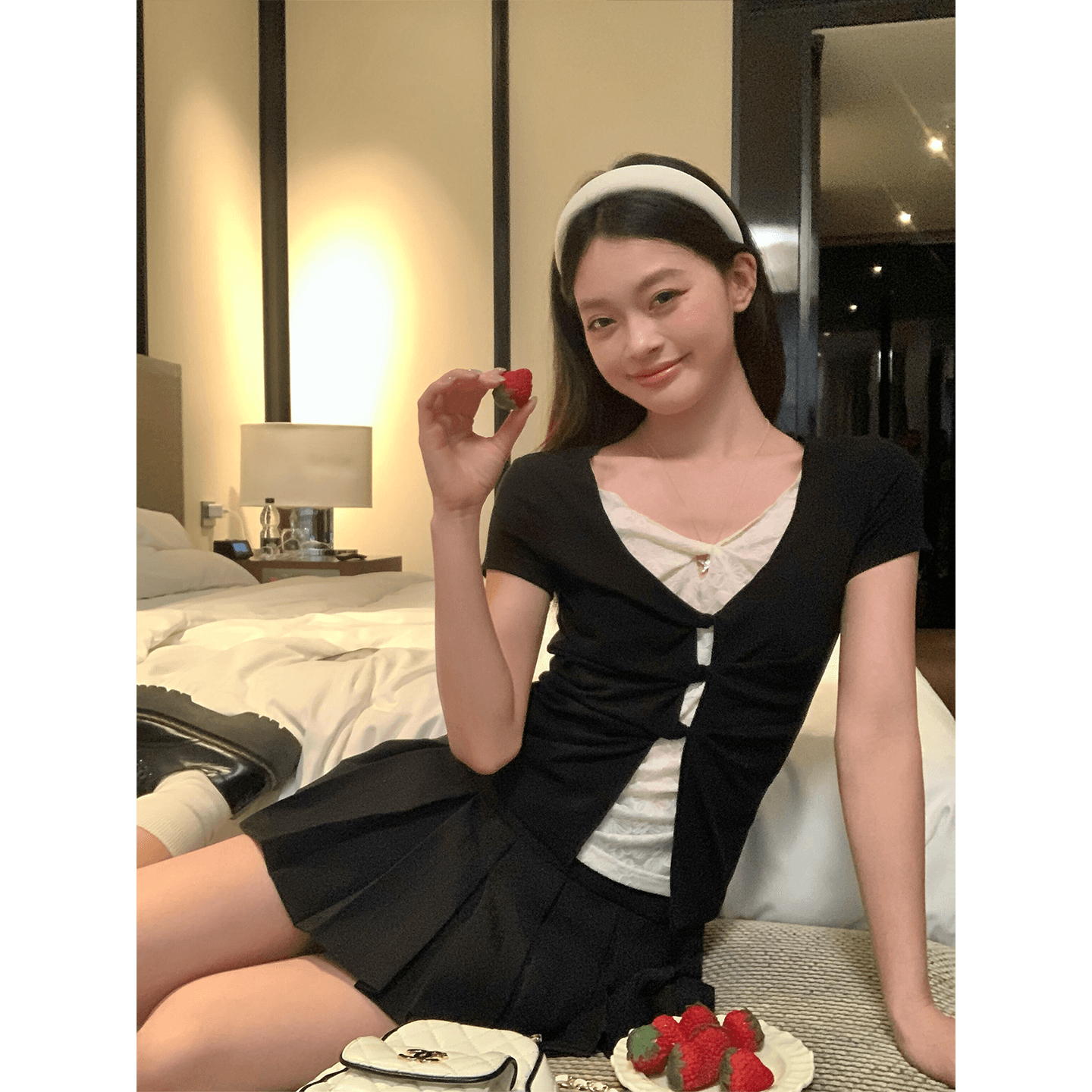 한 부서 순수한 욕망 레이스 홀로우 아웃 긍정적 인 어깨 반팔 티셔츠 여성 여름 페이크 레이어드 몸매 가꾸기 슬림해 보이는 아메리칸 핫걸 맨위 이미지 5