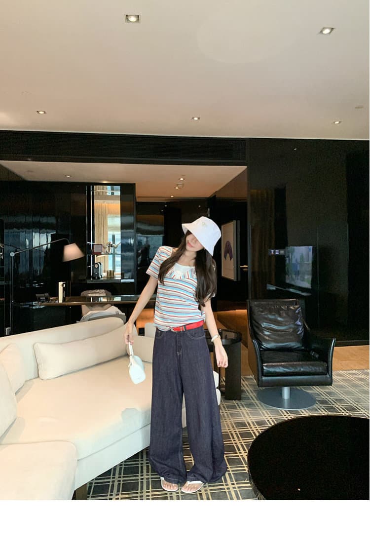 2026 한 부서 레트로 빨간색 블루 기사 배색 페이크 레이어드 긍정적 인 어깨 반팔 티셔츠 여성 여름 새로운 루즈핏 슬림해 보이는 맨위 상세 이미지 5