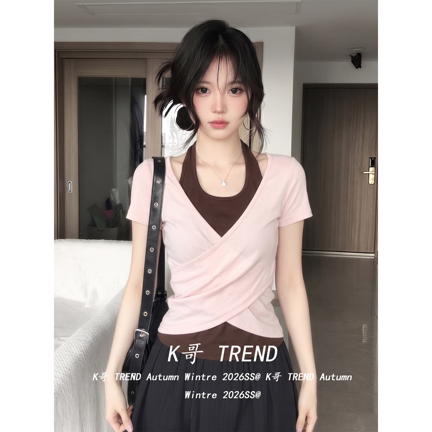한 부서 페이크 레이어드 반팔 티셔츠 여성 여름 몸매 가꾸기 슬림해 보이는 배색 패치워크 십자가 비틀림 행침 목 핫걸 맨위