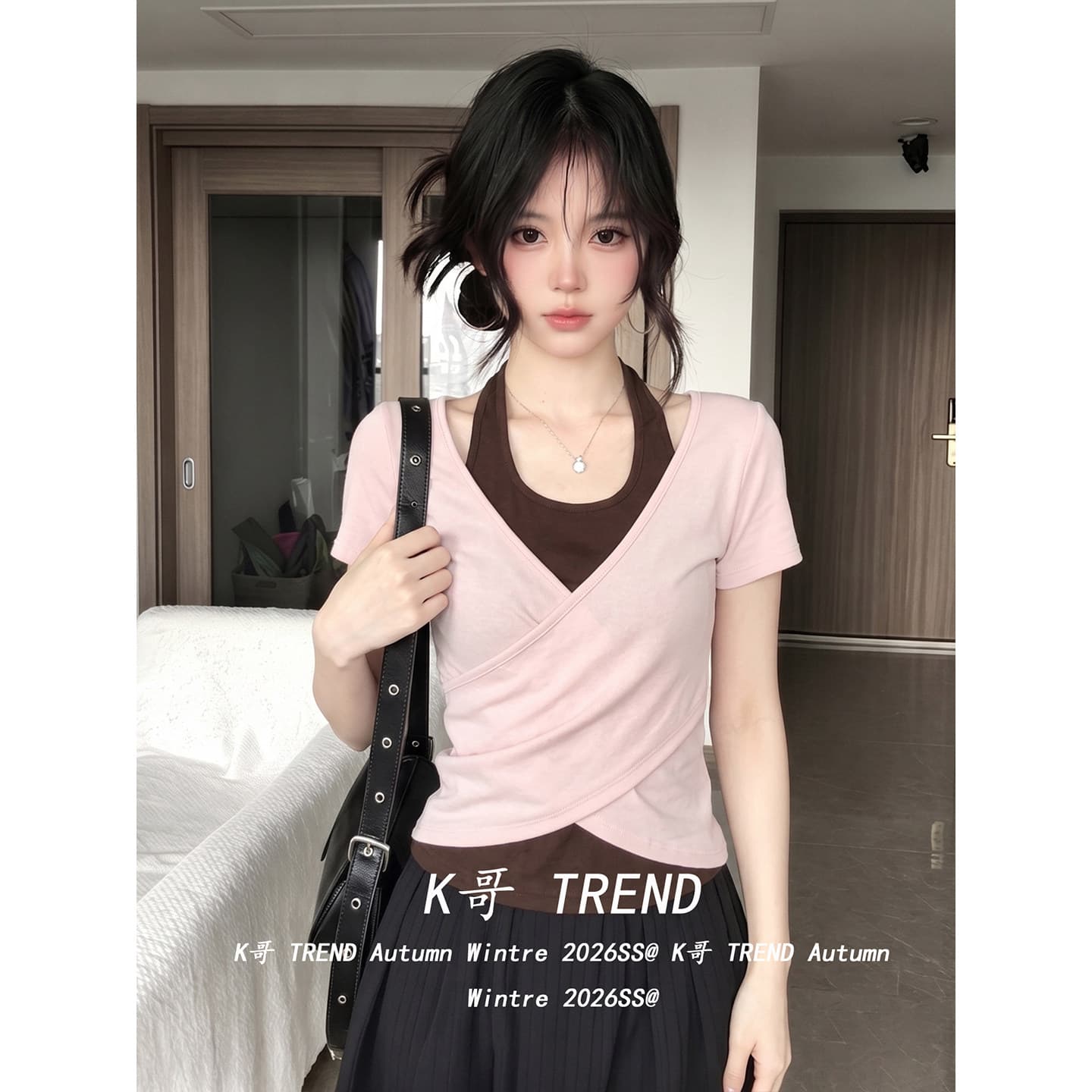 한 부서 페이크 레이어드 반팔 티셔츠 여성 여름 몸매 가꾸기 슬림해 보이는 배색 패치워크 십자가 비틀림 행침 목 핫걸 맨위 이미지 3