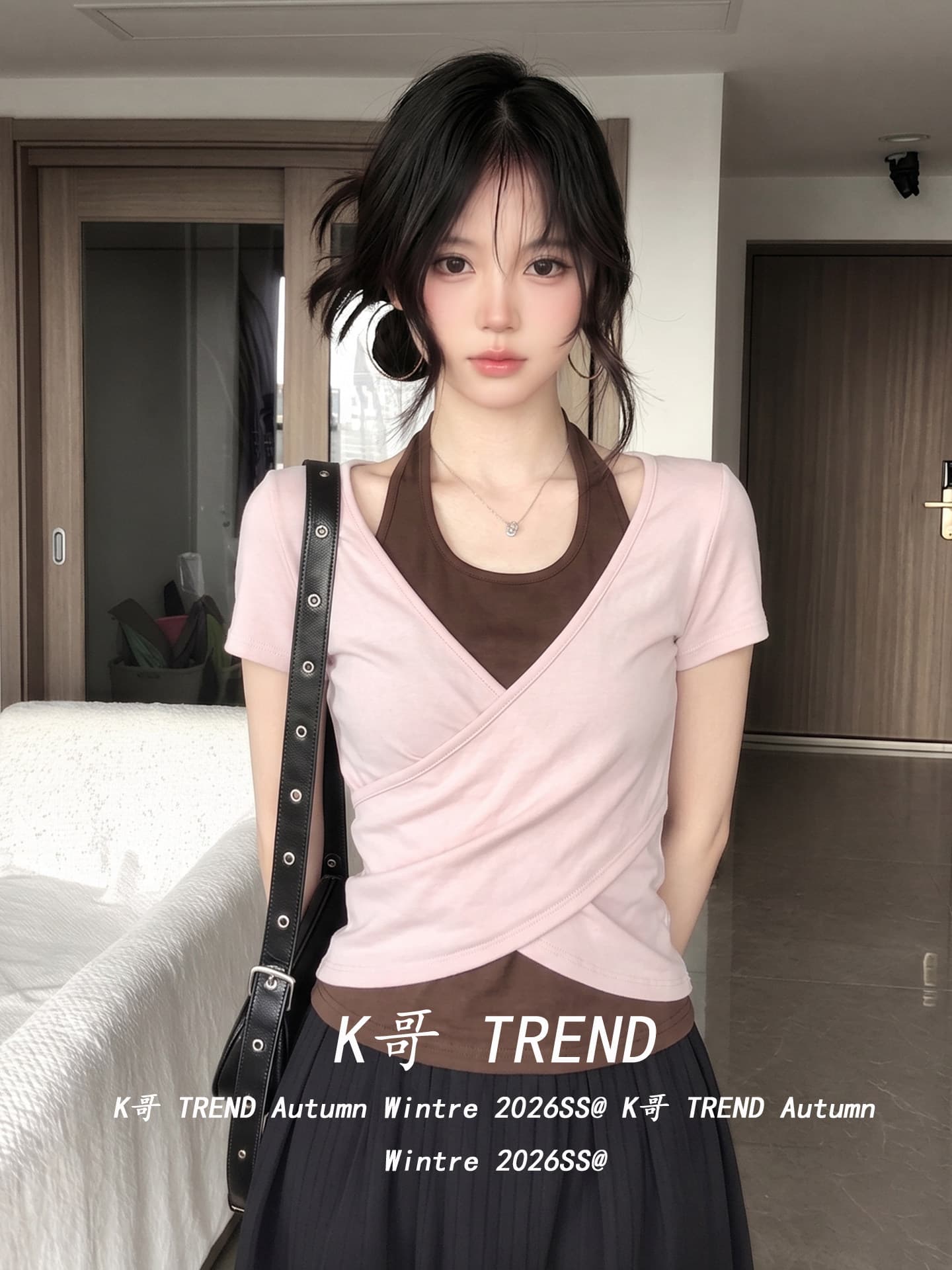 한 부서 페이크 레이어드 반팔 티셔츠 여성 여름 몸매 가꾸기 슬림해 보이는 배색 패치워크 십자가 비틀림 행침 목 핫걸 맨위 상세 이미지 11