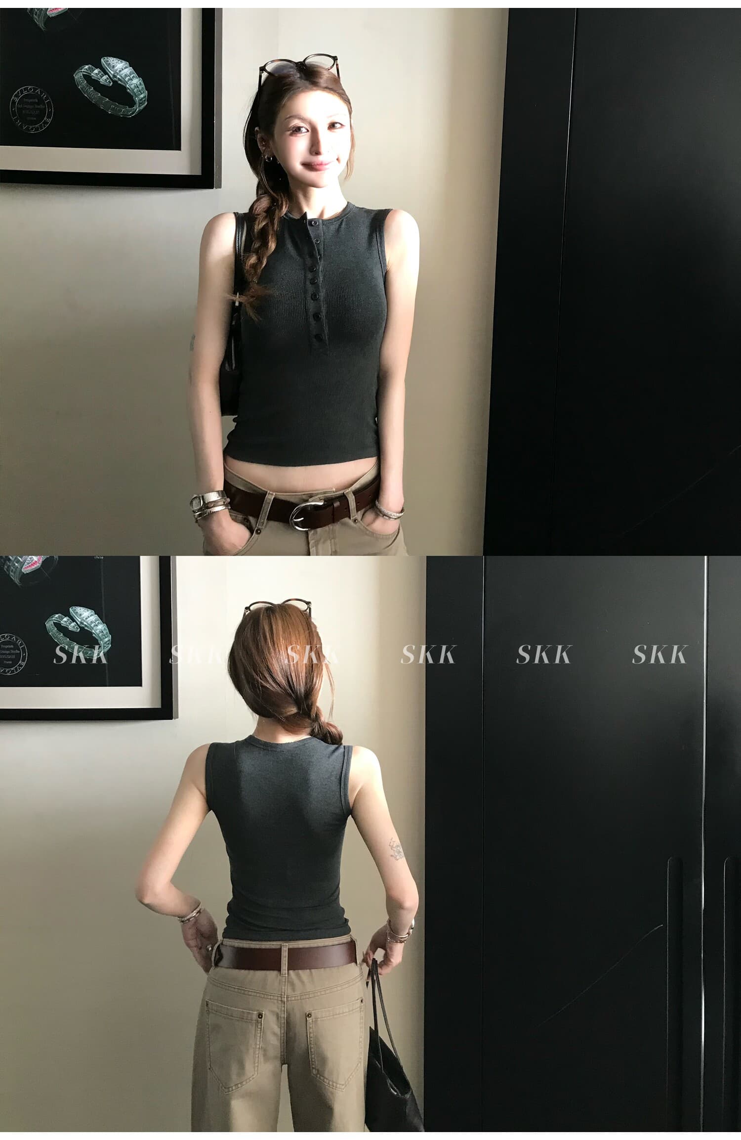 2026 여름 새로운 분위기 여름 기타 버클 헨리 칼라 단어 조끼 여성 셔츠 몸매 가꾸기 슬림해 보이는 민소매 작은 셔츠 상세 이미지 17