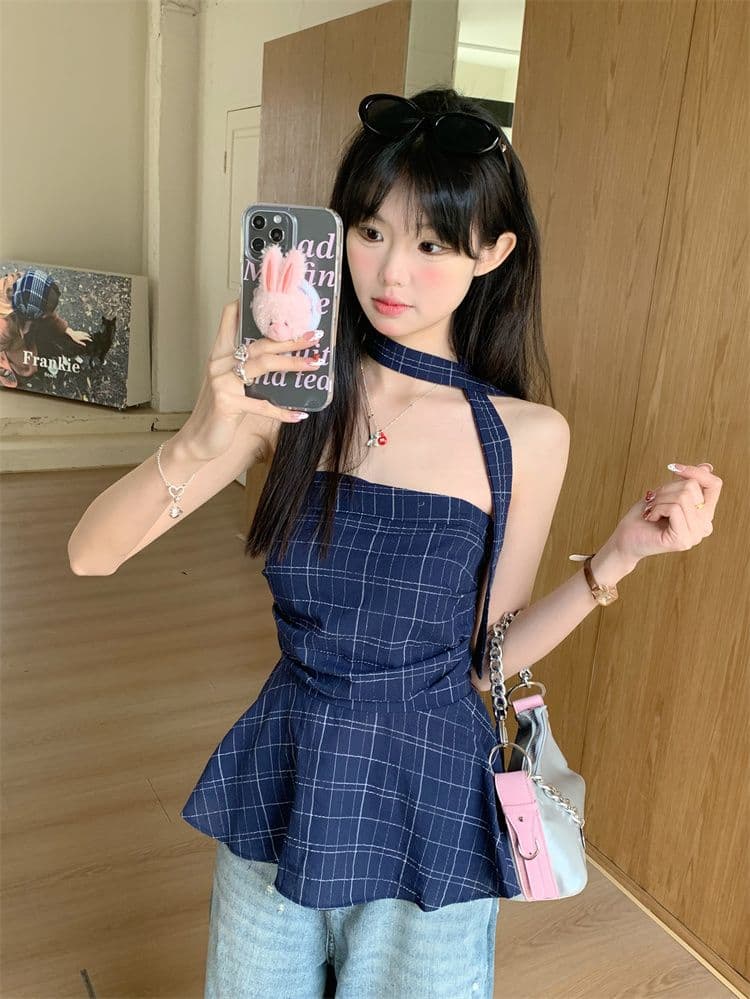 아메리칸 레트로 배색 체크무늬 튜브탑 조끼 여성 이른 봄 외출용 프릴 몸매 가꾸기 슬림해 보이는 오프숄더 핫걸 맨위 상세 이미지 2