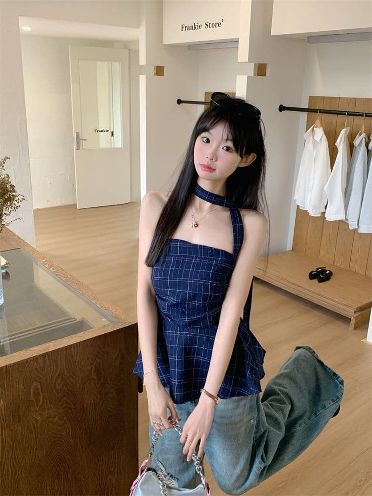 아메리칸 레트로 배색 체크무늬 튜브탑 조끼 여성 이른 봄 외출용 프릴 몸매 가꾸기 슬림해 보이는 오프숄더 핫걸 맨위 상세 이미지 3