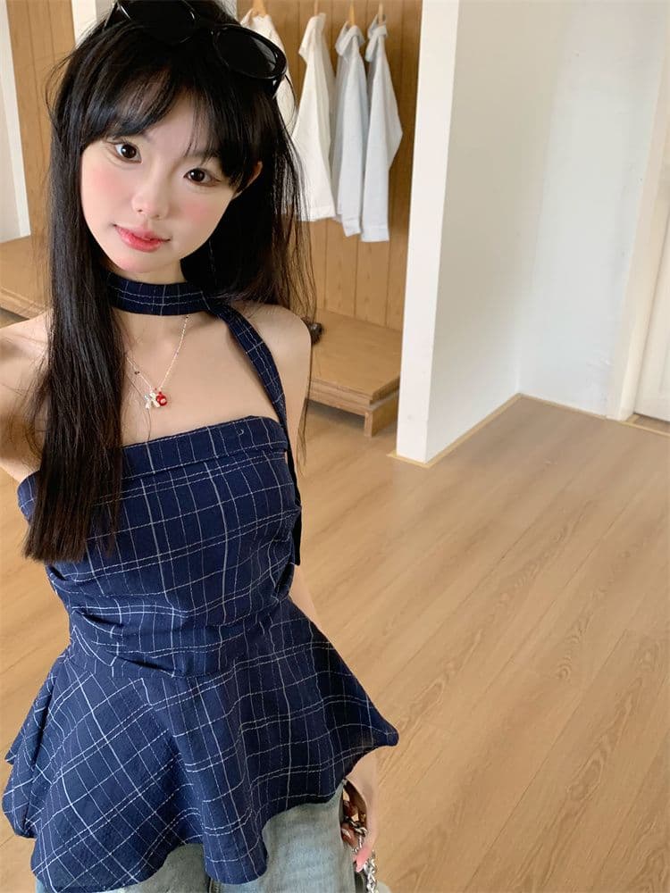 아메리칸 레트로 배색 체크무늬 튜브탑 조끼 여성 이른 봄 외출용 프릴 몸매 가꾸기 슬림해 보이는 오프숄더 핫걸 맨위 상세 이미지 4