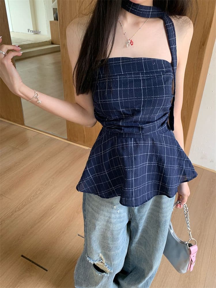 아메리칸 레트로 배색 체크무늬 튜브탑 조끼 여성 이른 봄 외출용 프릴 몸매 가꾸기 슬림해 보이는 오프숄더 핫걸 맨위 상세 이미지 5