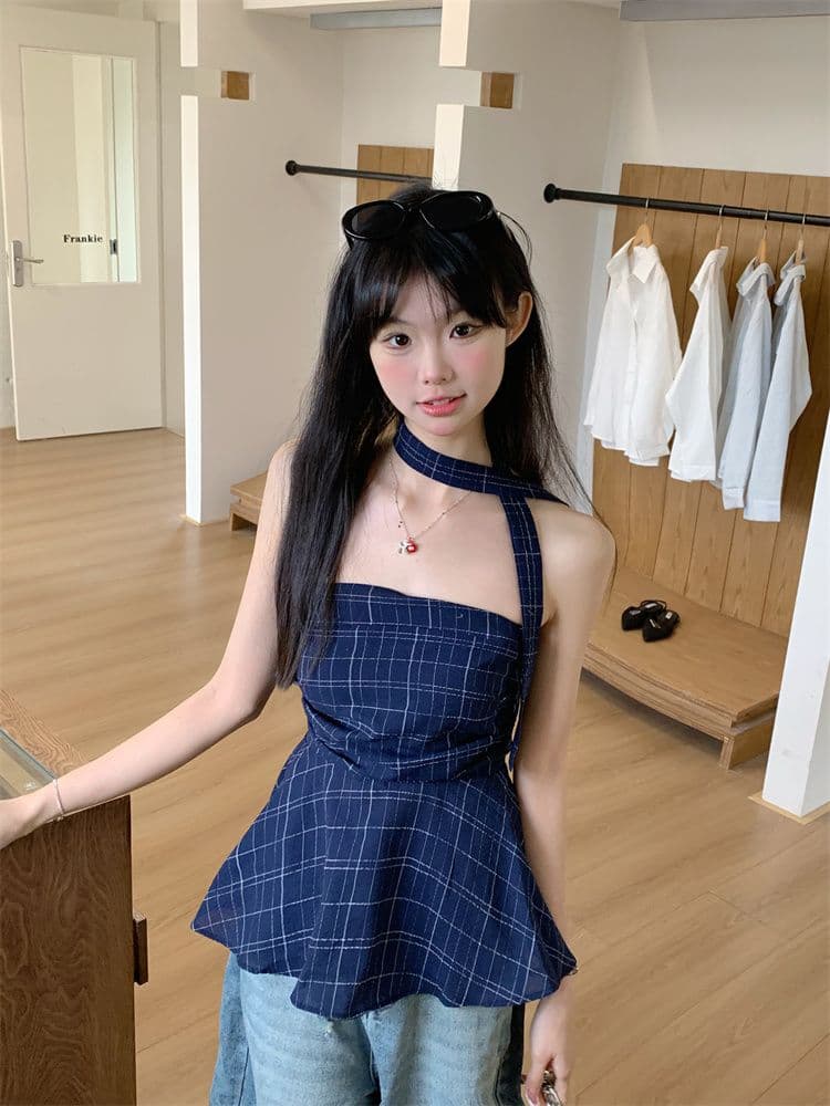 아메리칸 레트로 배색 체크무늬 튜브탑 조끼 여성 이른 봄 외출용 프릴 몸매 가꾸기 슬림해 보이는 오프숄더 핫걸 맨위 상세 이미지 7