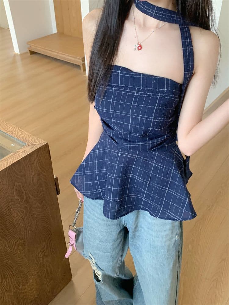 아메리칸 레트로 배색 체크무늬 튜브탑 조끼 여성 이른 봄 외출용 프릴 몸매 가꾸기 슬림해 보이는 오프숄더 핫걸 맨위 상세 이미지 8
