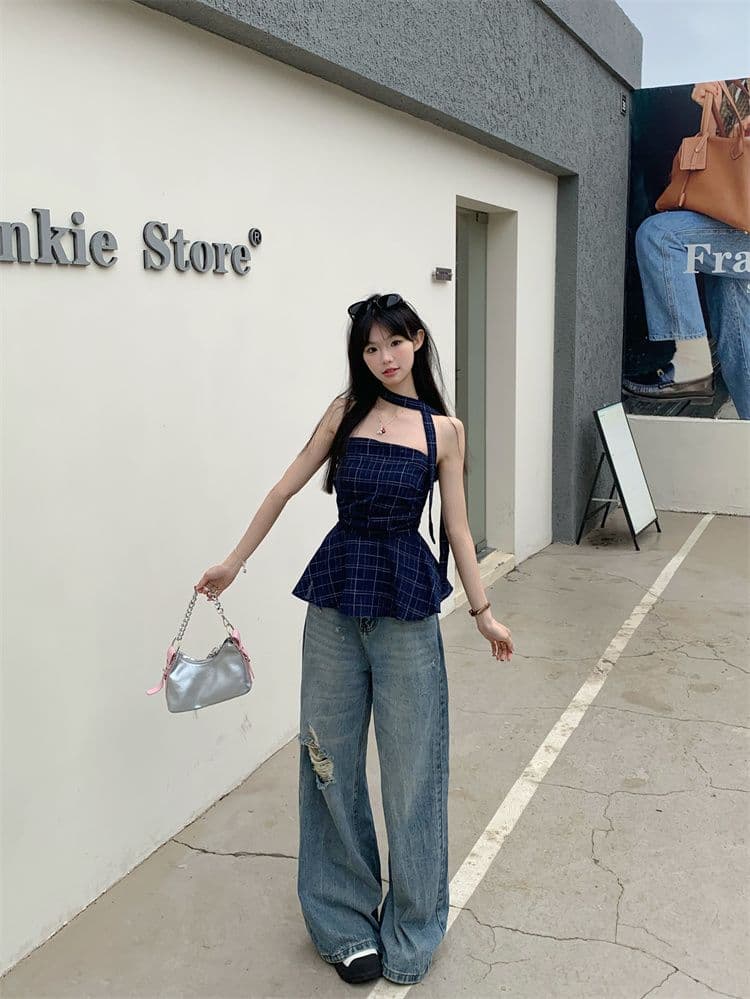 아메리칸 레트로 배색 체크무늬 튜브탑 조끼 여성 이른 봄 외출용 프릴 몸매 가꾸기 슬림해 보이는 오프숄더 핫걸 맨위 상세 이미지 9