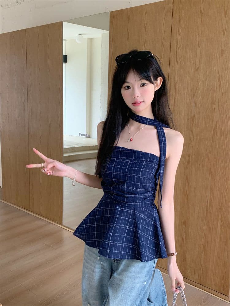 아메리칸 레트로 배색 체크무늬 튜브탑 조끼 여성 이른 봄 외출용 프릴 몸매 가꾸기 슬림해 보이는 오프숄더 핫걸 맨위 상세 이미지 10