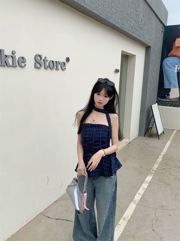 아메리칸 레트로 배색 체크무늬 튜브탑 조끼 여성 이른 봄 외출용 프릴 몸매 가꾸기 슬림해 보이는 오프숄더 핫걸 맨위 상세 이미지 11