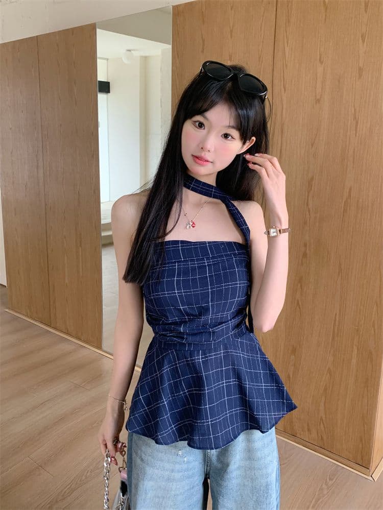 아메리칸 레트로 배색 체크무늬 튜브탑 조끼 여성 이른 봄 외출용 프릴 몸매 가꾸기 슬림해 보이는 오프숄더 핫걸 맨위 상세 이미지 12