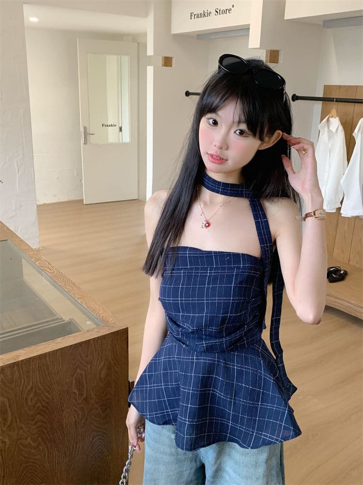 아메리칸 레트로 배색 체크무늬 튜브탑 조끼 여성 이른 봄 외출용 프릴 몸매 가꾸기 슬림해 보이는 오프숄더 핫걸 맨위 상세 이미지 14