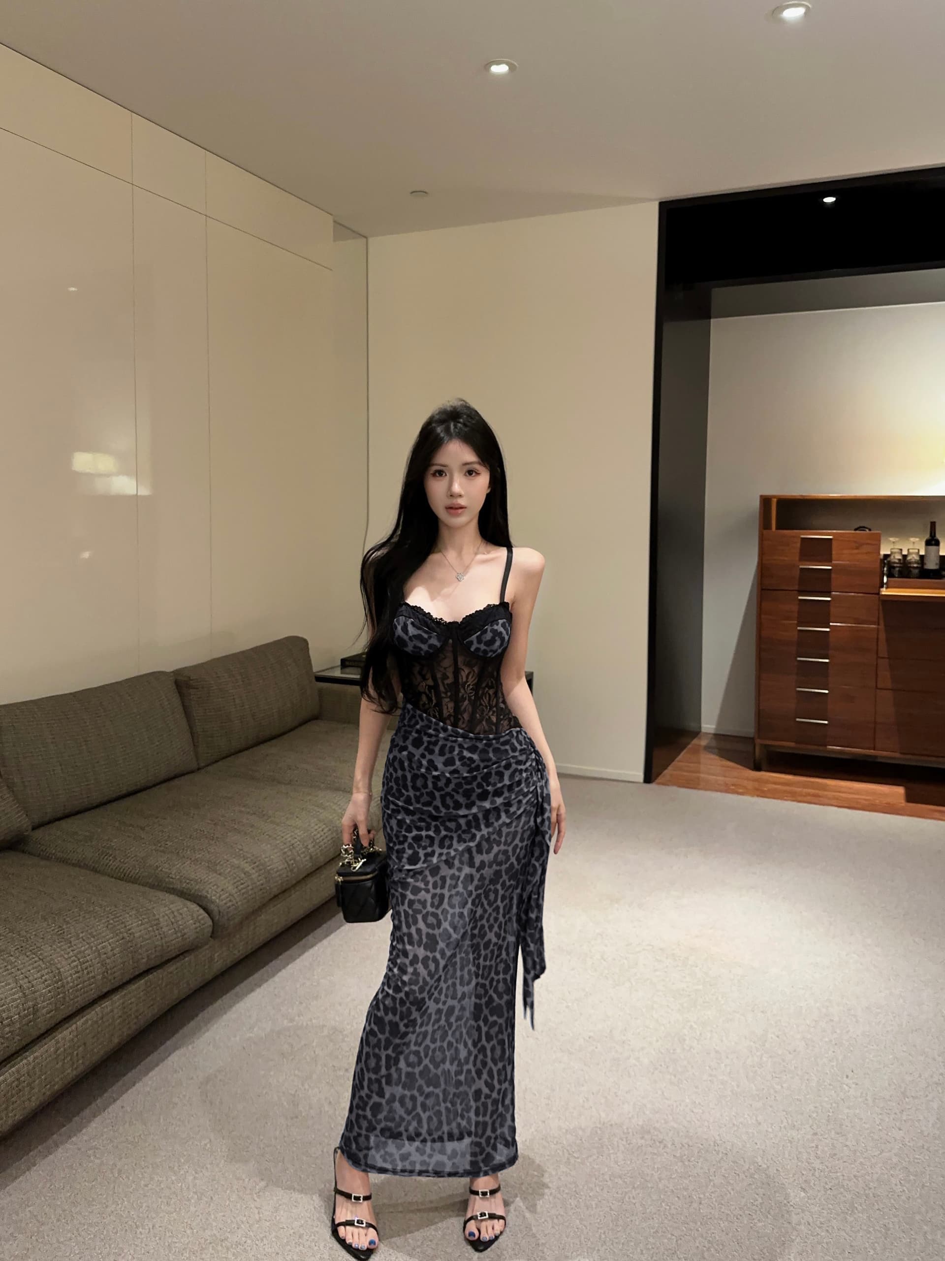 실사 정가 명문 여성 레오파드 무늬 프린트 포장 가슴 타이트 스커트 롱 스커트 나이트 클럽 핫걸 레이스 조각 슬립 드레스 상세 이미지 2