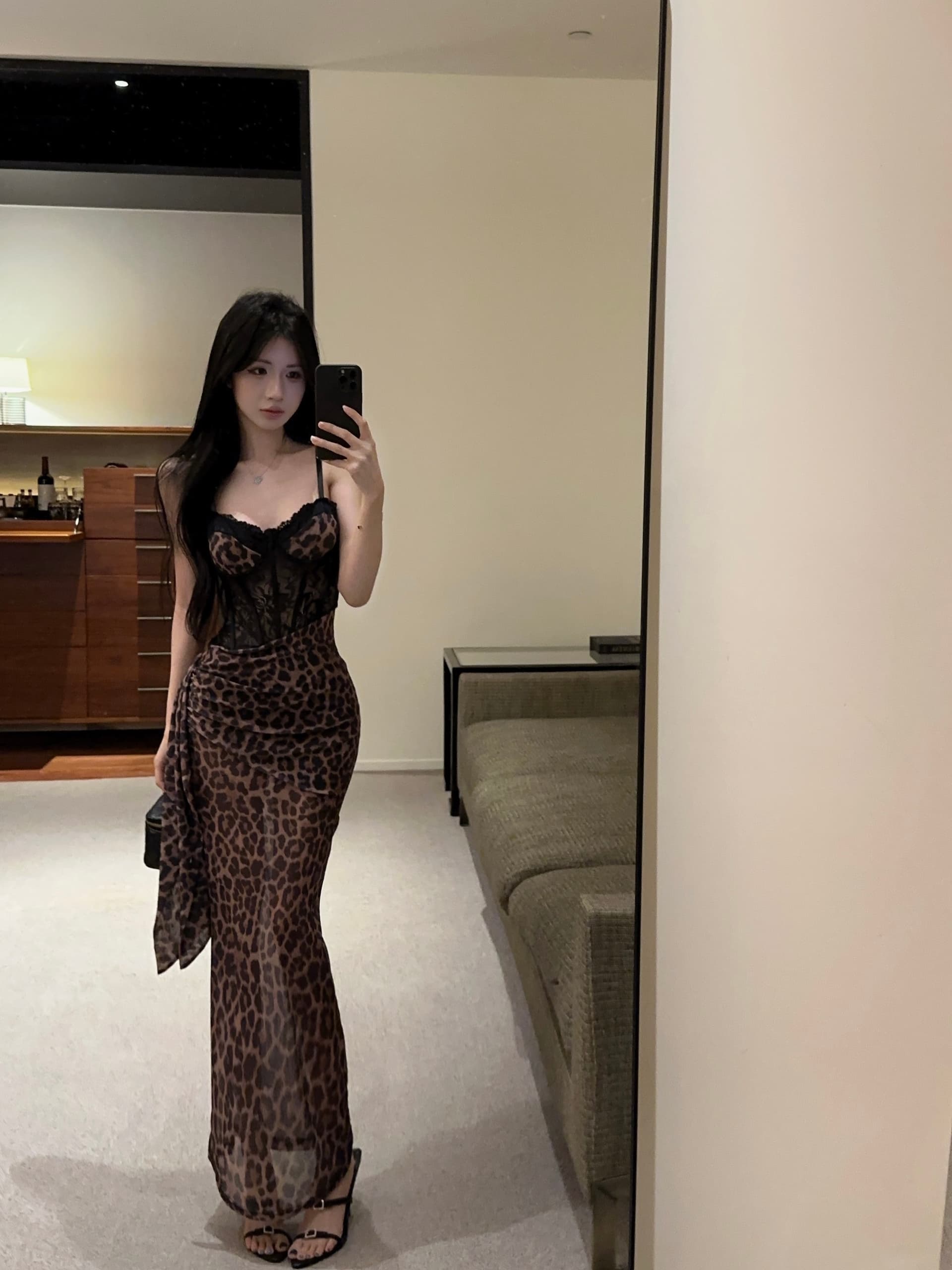 실사 정가 명문 여성 레오파드 무늬 프린트 포장 가슴 타이트 스커트 롱 스커트 나이트 클럽 핫걸 레이스 조각 슬립 드레스 상세 이미지 5