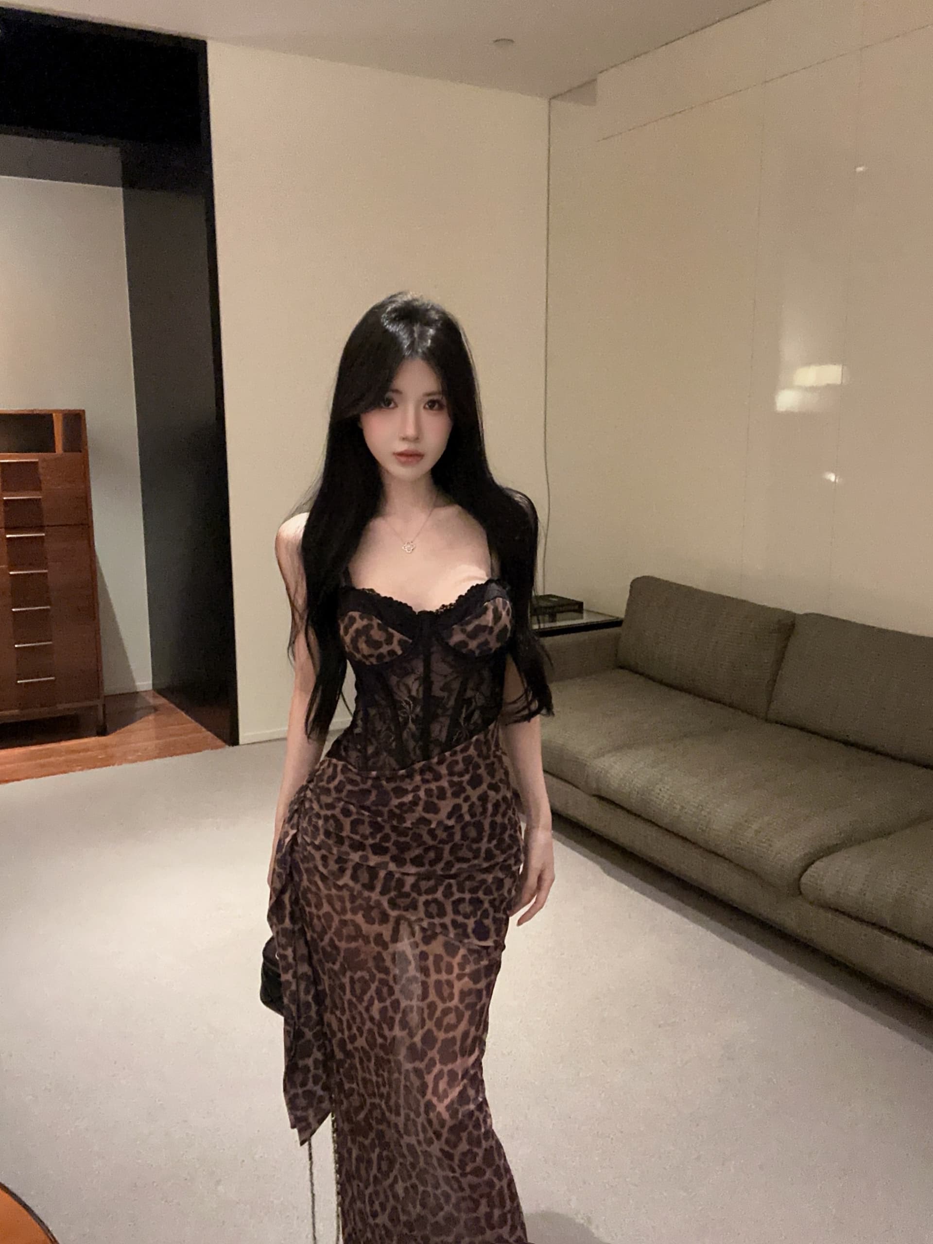 실사 정가 명문 여성 레오파드 무늬 프린트 포장 가슴 타이트 스커트 롱 스커트 나이트 클럽 핫걸 레이스 조각 슬립 드레스 상세 이미지 16