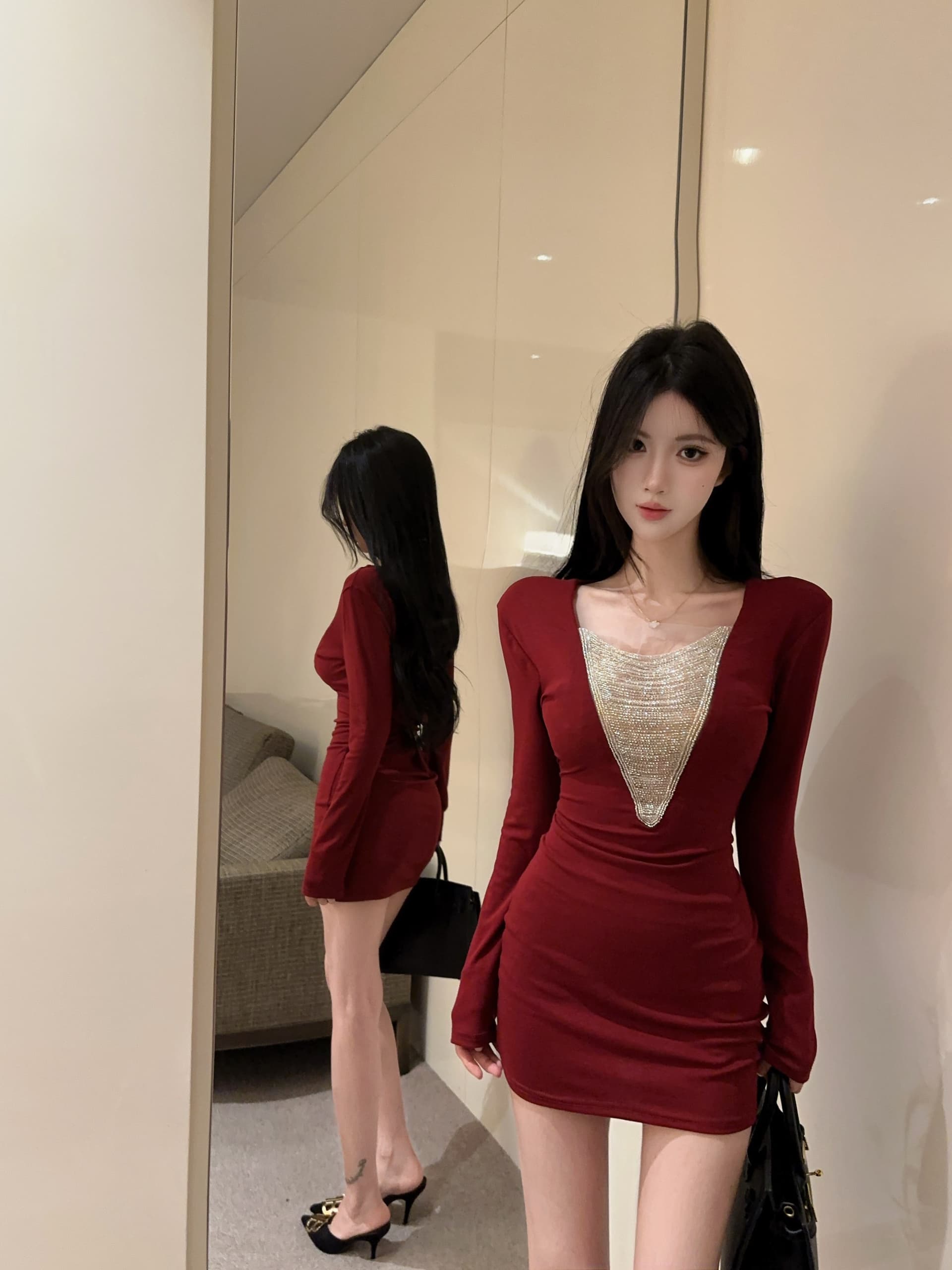 실사 정가 프랑스식 명문 여성 깊은 v 훈련 사슬 패치워크 긴팔 여성 드레스 품격 몸매 가꾸기 슬림해 보이는 만나는 미니 스커트 상세 이미지 1