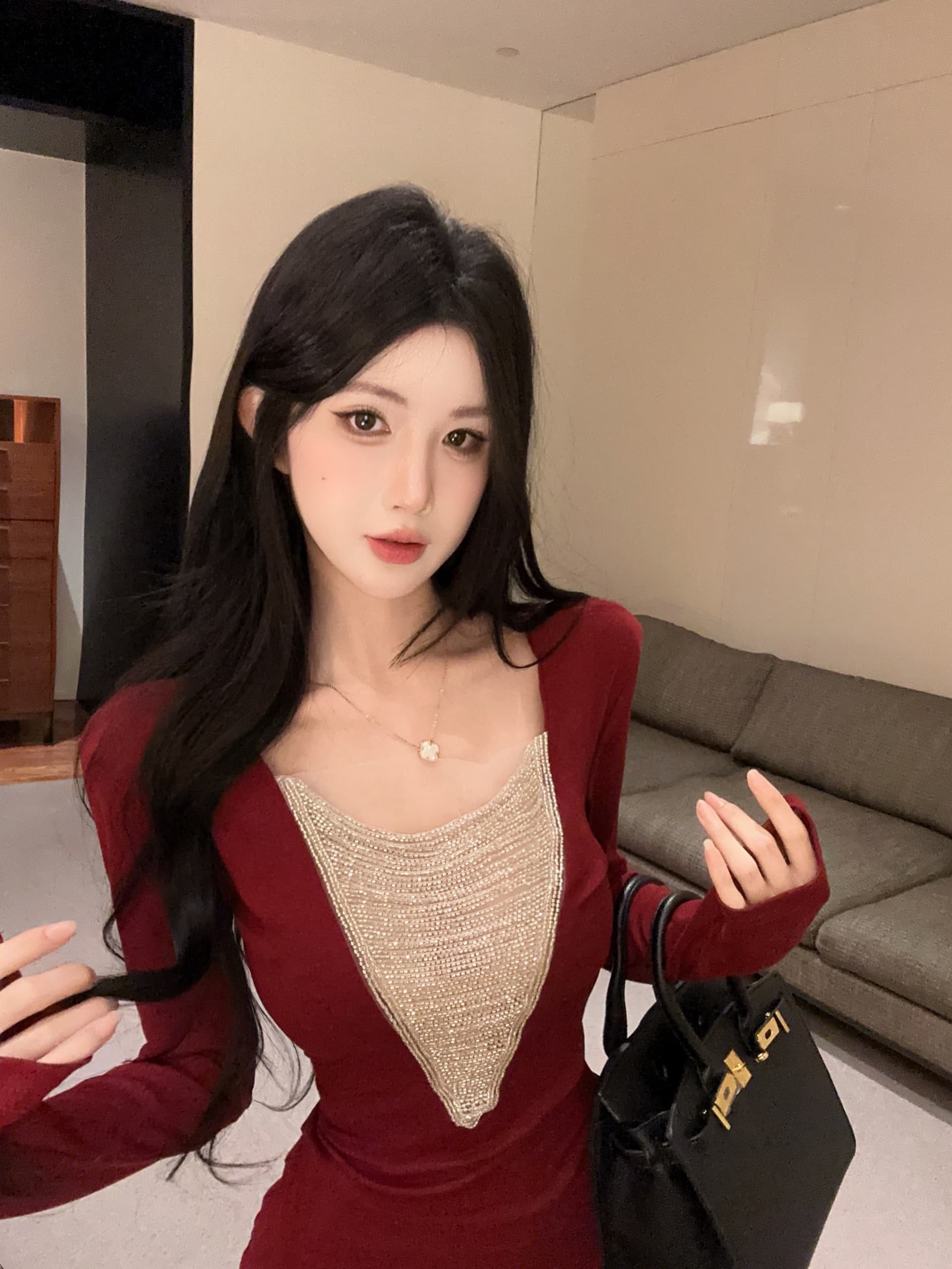 실사 정가 프랑스식 명문 여성 깊은 v 훈련 사슬 패치워크 긴팔 여성 드레스 품격 몸매 가꾸기 슬림해 보이는 만나는 미니 스커트 상세 이미지 7