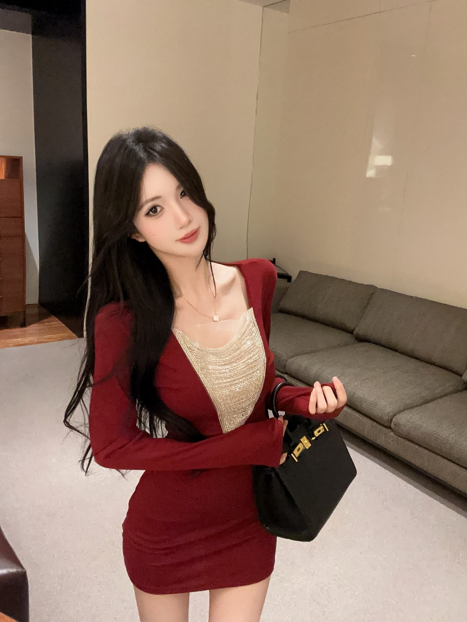 실사 정가 프랑스식 명문 여성 깊은 v 훈련 사슬 패치워크 긴팔 여성 드레스 품격 몸매 가꾸기 슬림해 보이는 만나는 미니 스커트 상세 이미지 9