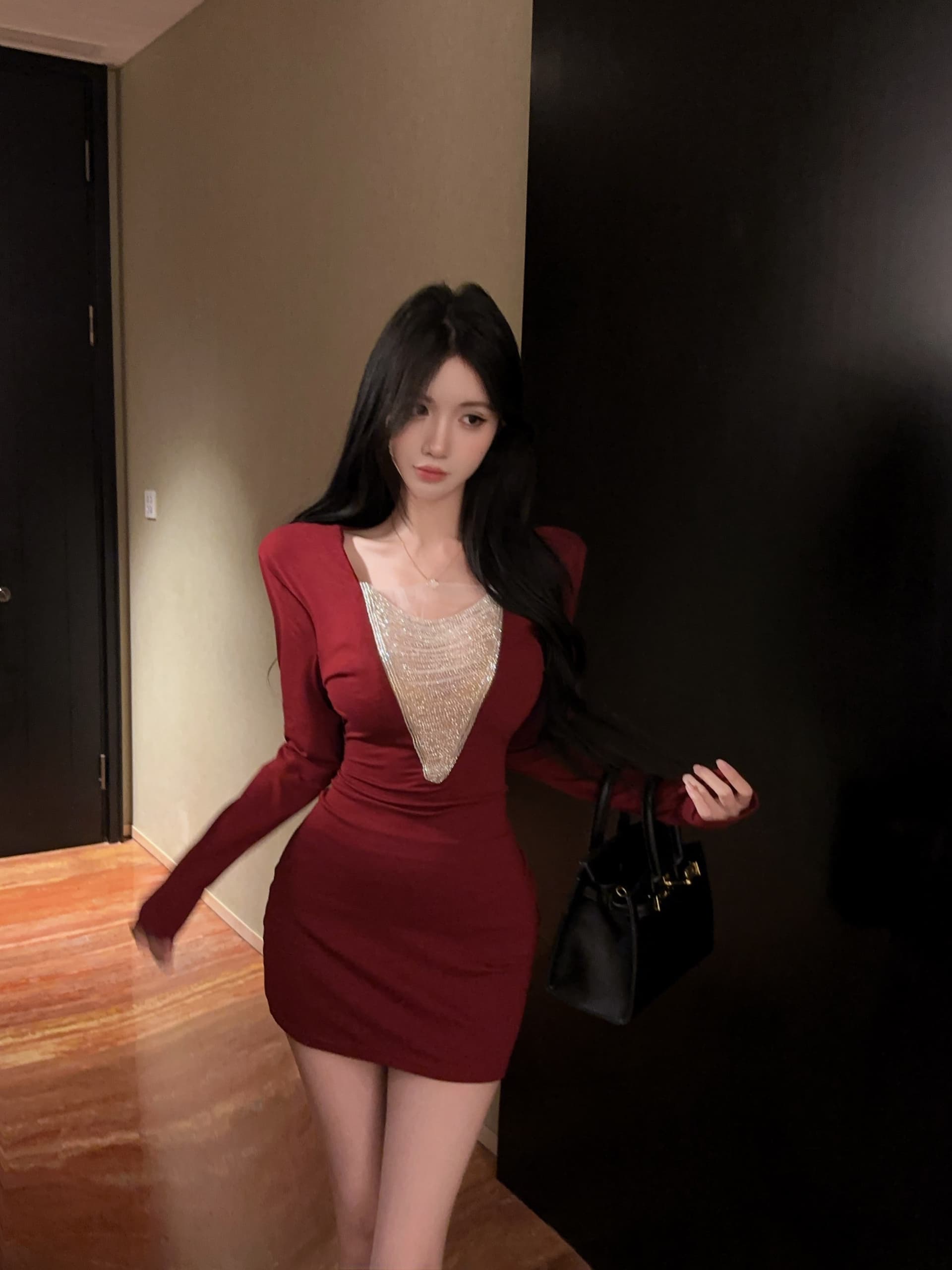 실사 정가 프랑스식 명문 여성 깊은 v 훈련 사슬 패치워크 긴팔 여성 드레스 품격 몸매 가꾸기 슬림해 보이는 만나는 미니 스커트 상세 이미지 14