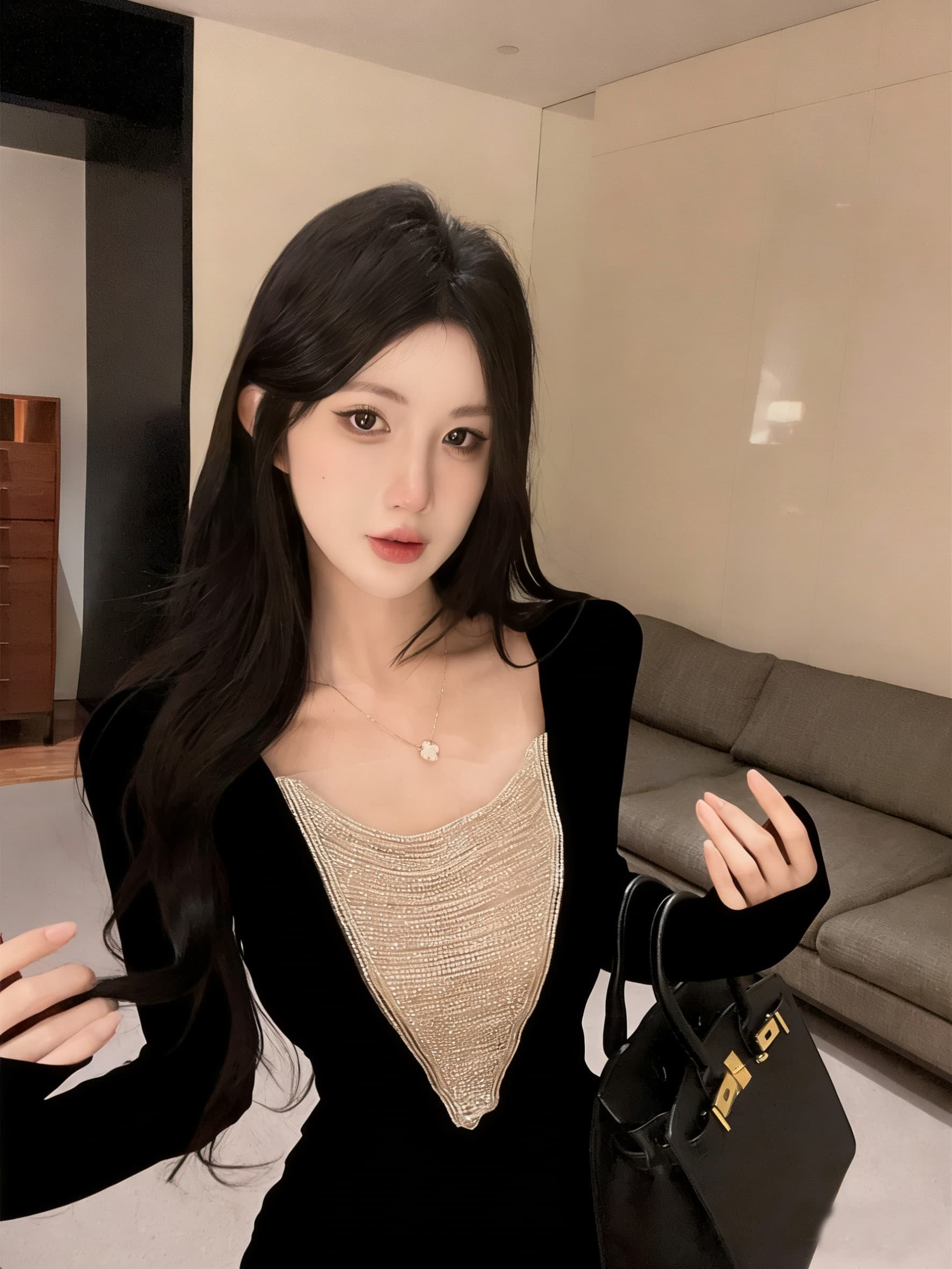 실사 정가 프랑스식 명문 여성 깊은 v 훈련 사슬 패치워크 긴팔 여성 드레스 품격 몸매 가꾸기 슬림해 보이는 만나는 미니 스커트 상세 이미지 18