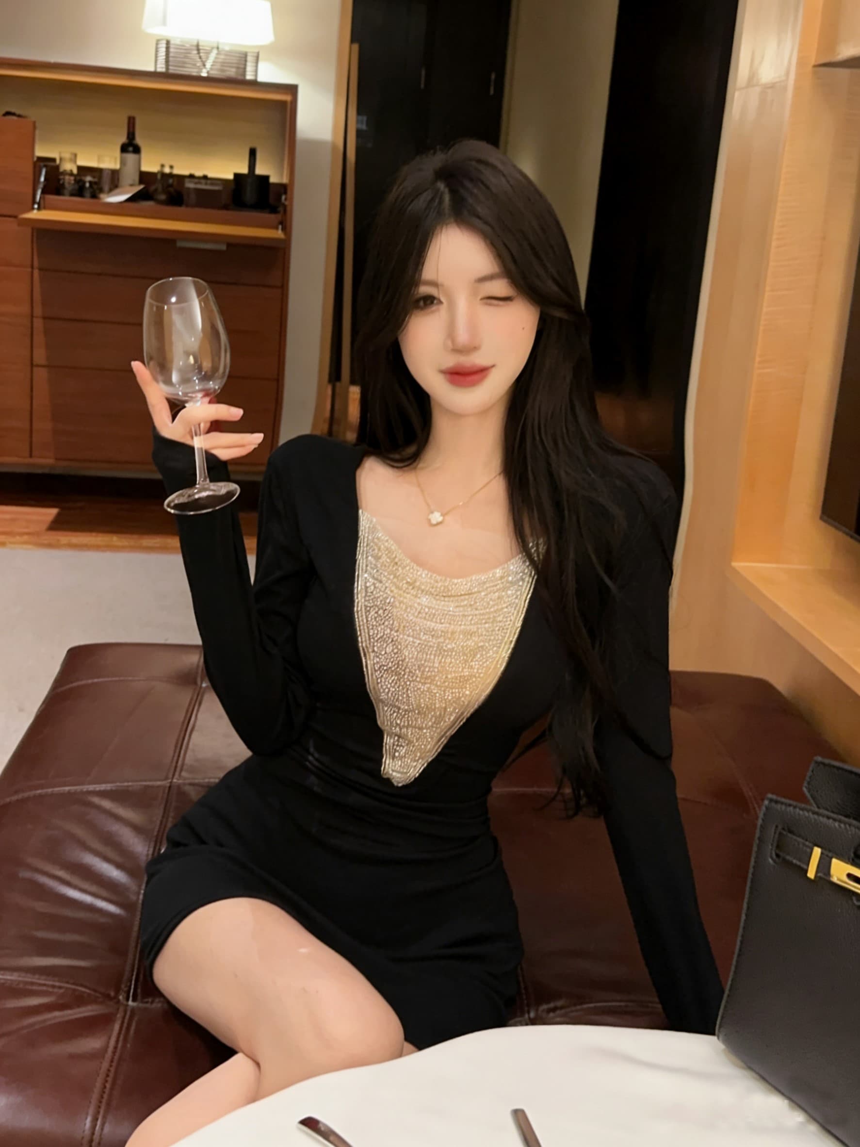 실사 정가 프랑스식 명문 여성 깊은 v 훈련 사슬 패치워크 긴팔 여성 드레스 품격 몸매 가꾸기 슬림해 보이는 만나는 미니 스커트 상세 이미지 19