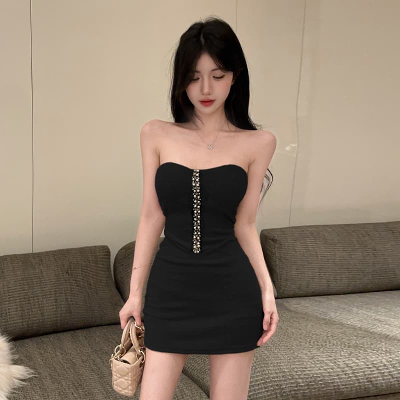 실사 정가 품격 명문 여성 바람 튜브탑 타이트 스커트 핫걸 섹시함 무거운 작업 다이아몬드 세팅 미니 스커트 몸매 가꾸기 드레스 이미지 4