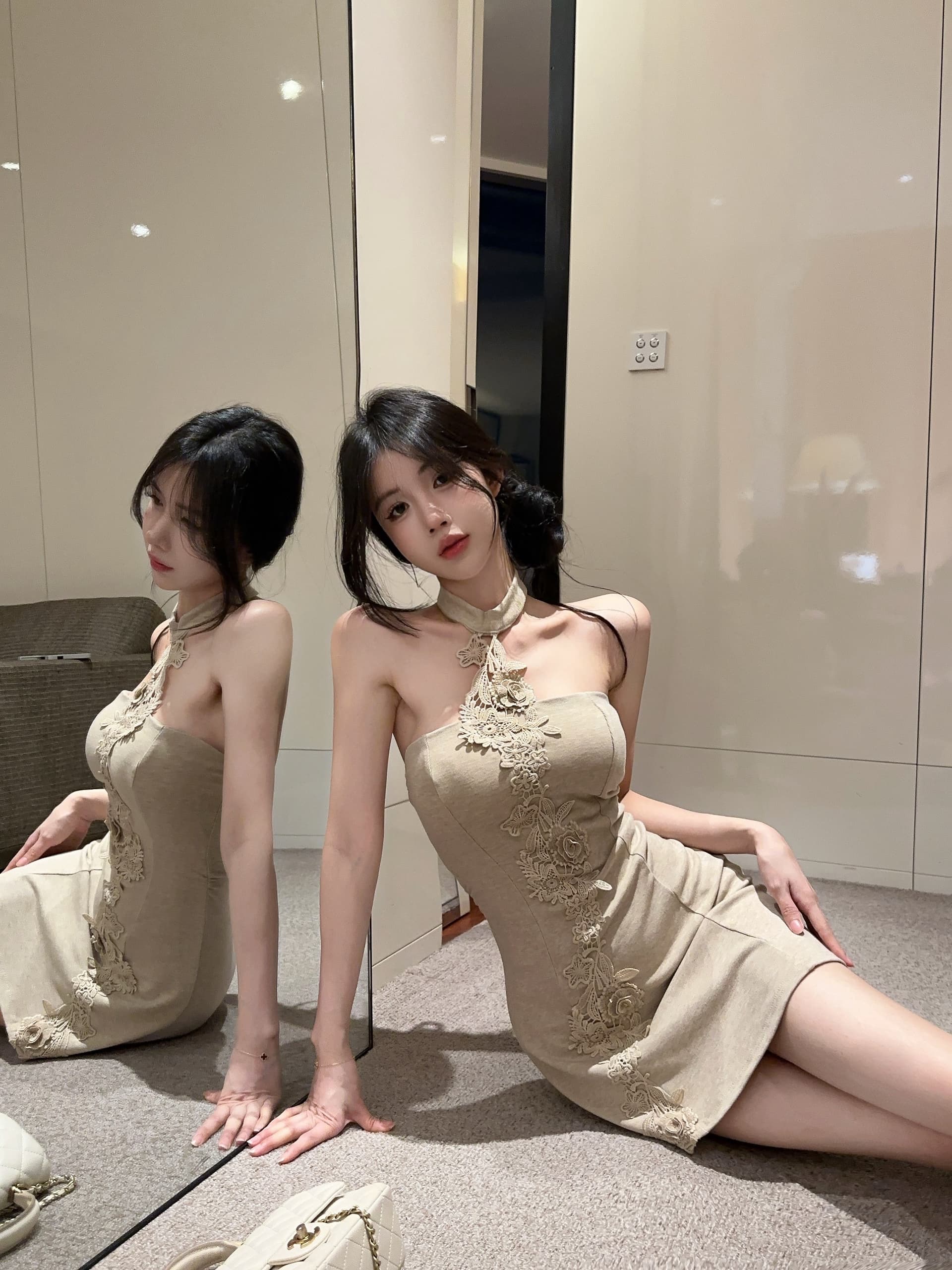 실사 정가 프랑스식 섹시함 행침 목 꽃 패치워크 민소매 드레스 백리스 몸매 가꾸기 슬림해 보이는 타이트 스커트 미니 스커트 상세 이미지 5
