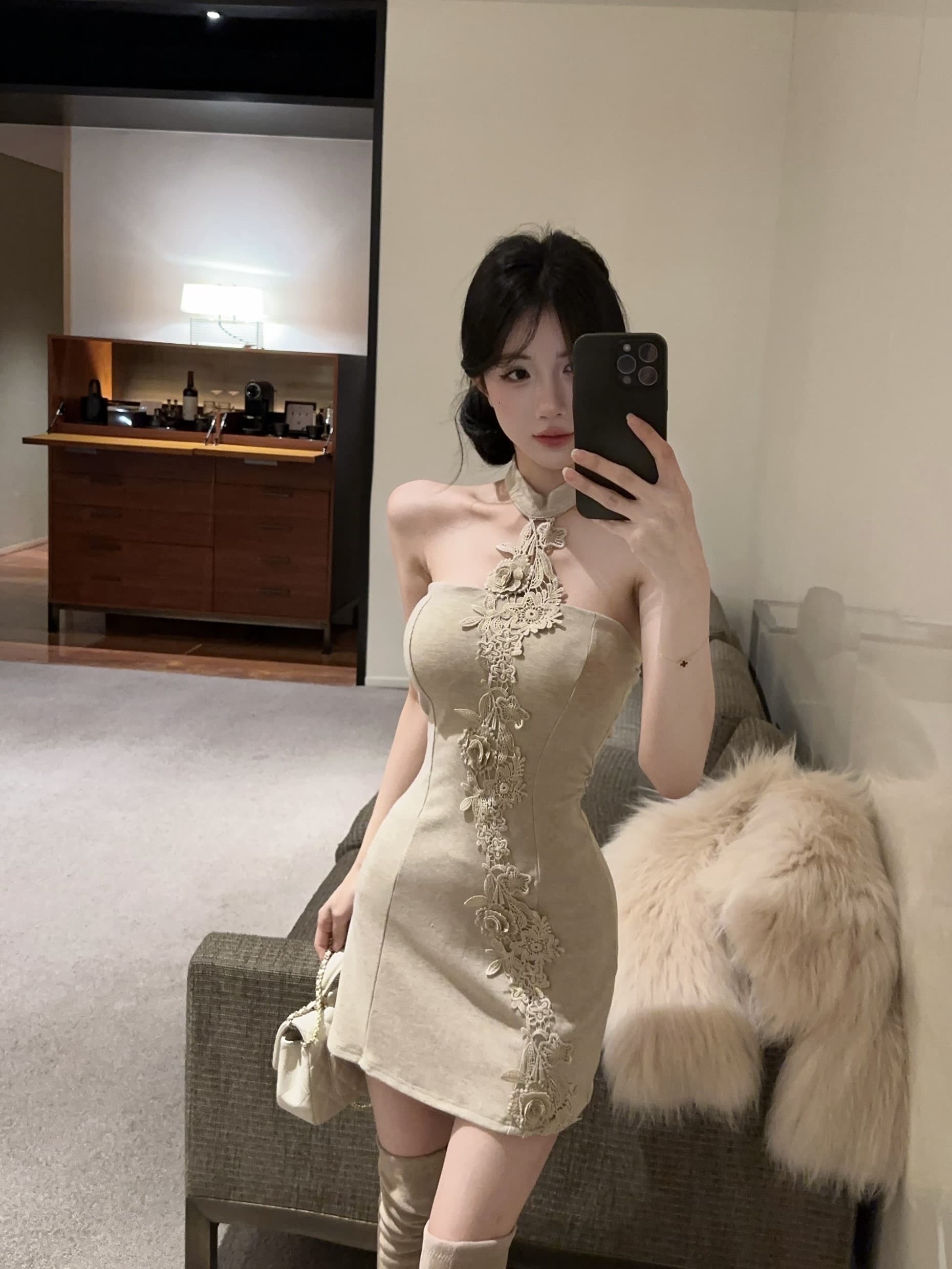 실사 정가 프랑스식 섹시함 행침 목 꽃 패치워크 민소매 드레스 백리스 몸매 가꾸기 슬림해 보이는 타이트 스커트 미니 스커트 상세 이미지 7