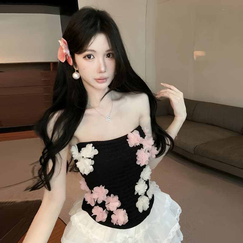 실사 정가 순수한 욕망 바람 3 차원 꽃 섹시함 튜브탑 조끼 짧은 맨위 달콤함 레이스 레이스 케이크 드레스 이미지 3