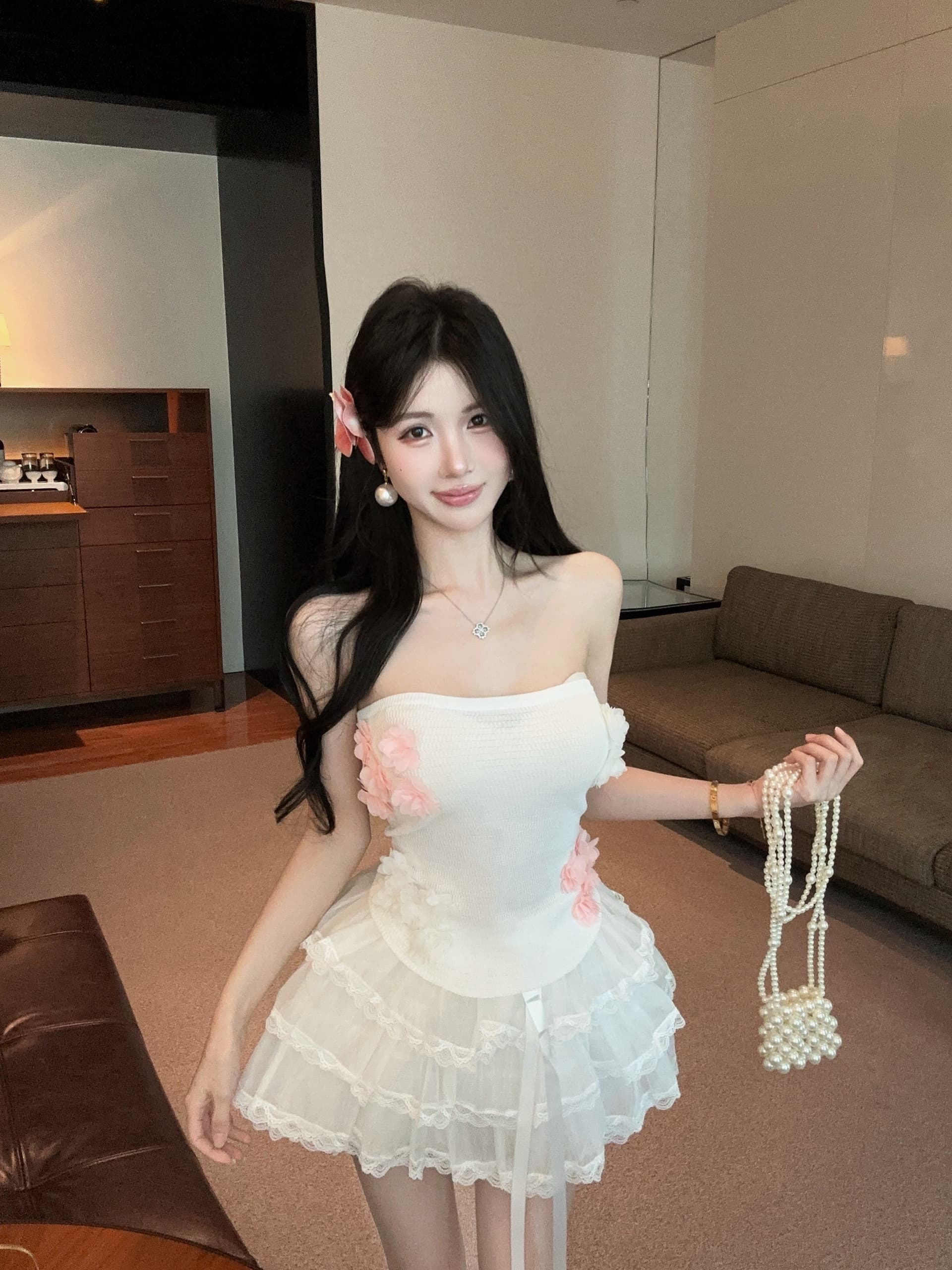 실사 정가 순수한 욕망 바람 3 차원 꽃 섹시함 튜브탑 조끼 짧은 맨위 달콤함 레이스 레이스 케이크 드레스 상세 이미지 5