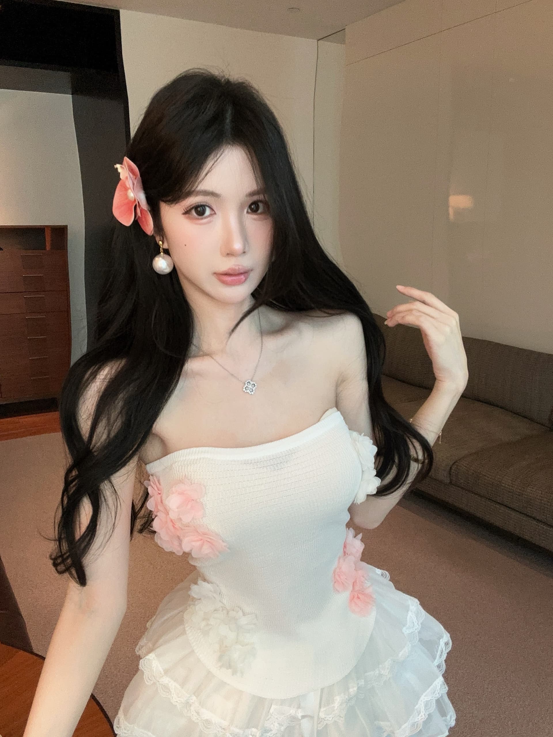 실사 정가 순수한 욕망 바람 3 차원 꽃 섹시함 튜브탑 조끼 짧은 맨위 달콤함 레이스 레이스 케이크 드레스 상세 이미지 14