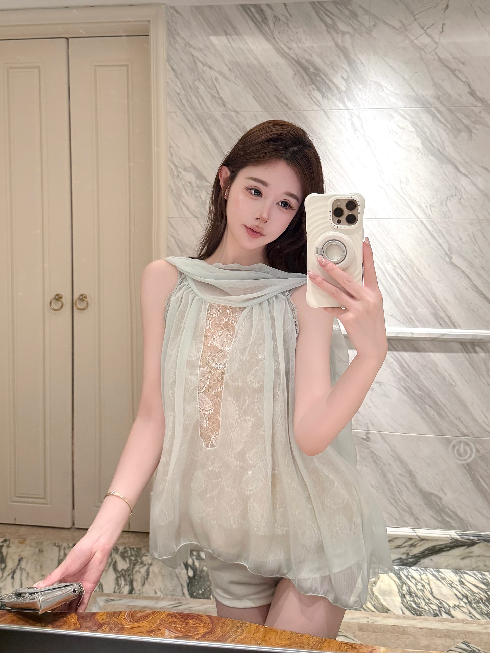 실사 정가 프랑스식 순수한 욕망 바람 품격 민소매 맨위 달콤함 레이스 안감 패치워크 리본 칼라 쉬폰 블라우스 상세 이미지 1