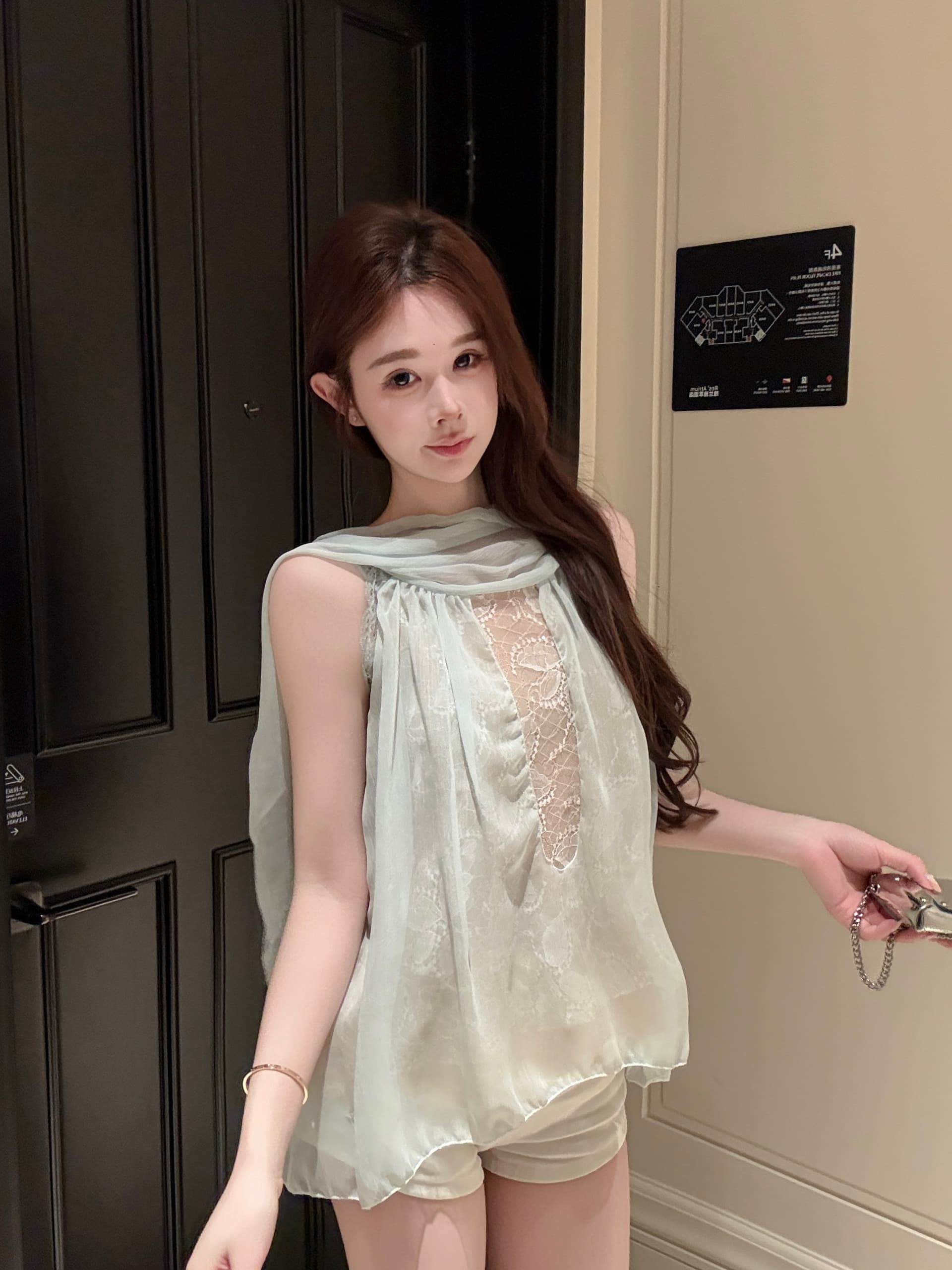 실사 정가 프랑스식 순수한 욕망 바람 품격 민소매 맨위 달콤함 레이스 안감 패치워크 리본 칼라 쉬폰 블라우스 상세 이미지 17
